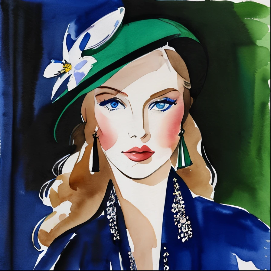 Blonde woman, green eyes, blue 19 century dress elegant, David Downton watercolor fashion illustration, romantic, spring colors