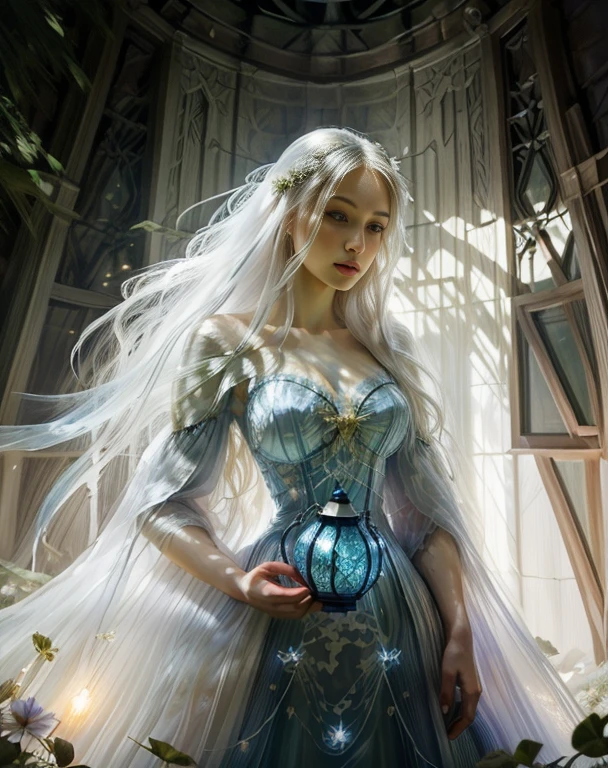 arafed woman in a blue dress holding a lantern in a forest, digital art inspired by Cynthia Sheppard, tumblr, fantasy art, long glowing ethereal hair, white witch, fantasy gorgeous lighting, a stunning young ethereal figure, ethereal fairytale, beautiful maiden, karol bak uhd, lori earley, with long white hair, beautiful fantasy maiden
