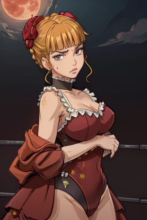 (masterpiece),(best quality),beatrice,  dress, pink bow, hair flower, choker,bloodmoon, (beautiful face), (looking at the viewer), (close:1.3), ((Tight leotard)), ((sexy pose)), ((Wrestling ring)), (Big tits), (Wide hips), best quality, (front view:1.5)