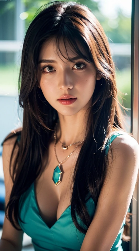 RAW, professional photograph, medium shot, photorealistic, realistic lights, realistic shadows, hyper-realistic, ray tracing, super detail, UHD, 8k, female, athletic body, soft facial features, long hair, straight hair, cyan hair, cyan eyes, long white dress, ruby necklace, glass art, mosaic, stained glass