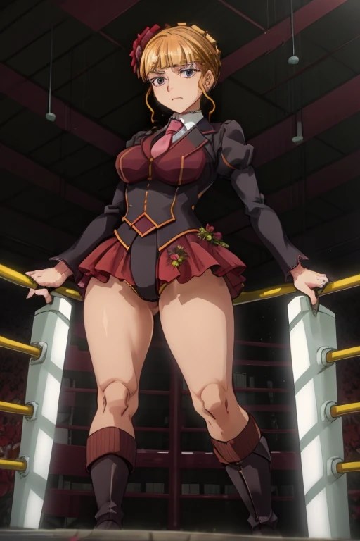 (masterpiece),(best quality),beatrice,  human dress,  pink necktie, hair flower, skirt, long socks, red and black socks,   boots, looking down, ((Tight leotard)), ((sexy pose)), ((Wrestling ring)), (Big tits), (Wide hips),