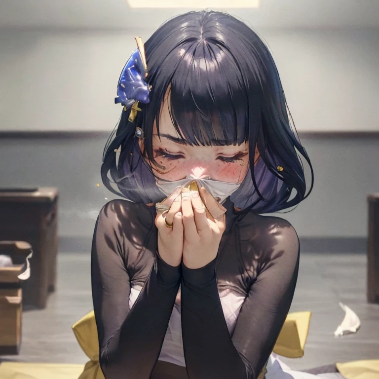 Yellow smoke covering her face, covering nose using bare hand, upward looking gaze、closed her eyes,(((syncope))),((shed tears)),((((Girl is surprised when she smells the bad smell of farts)))),((((please cover your face with your hands。'There'no smell)))
