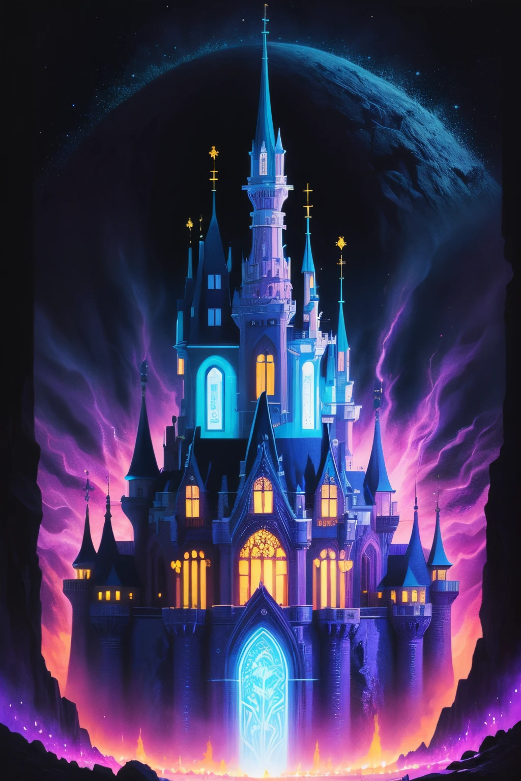 A blacklight poster art of a detailed castle carved into a mountain face