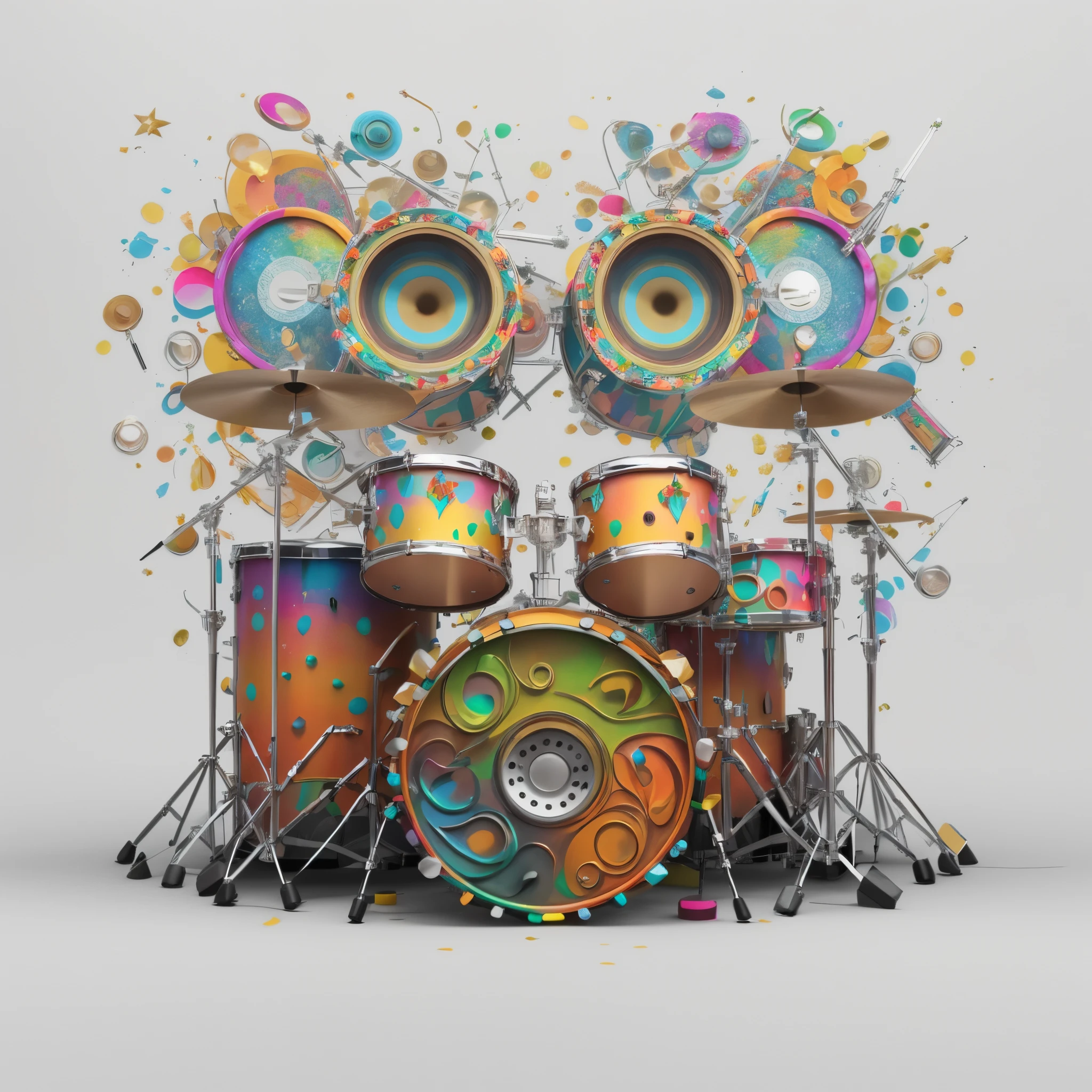 um close de uma bateria com respingos de tinta colorida, bateria, bateria, bateria, bateria, cinema 4d render colorido, 3 d artistic render, 3 d illustration, 3 d illustration, digital art render, baterista, 3d abstract render overlayed, album, colorful vivid octane render, Album art, arte oficial, various basses