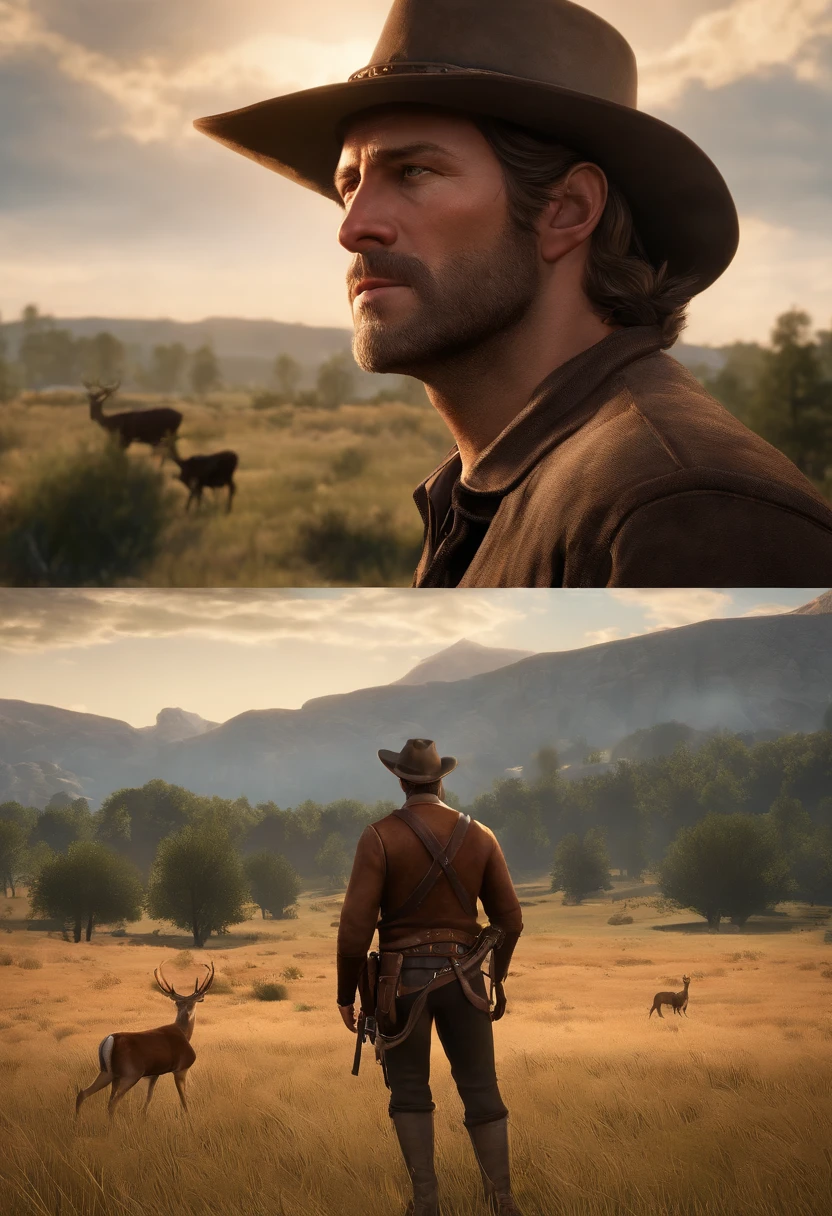 The image is of a wildlife sanctuary with a family of deer peacefully grazing in the meadow.,Red Dead Redemption 2,Arthur is a tall 36 year old human male with a stocky build. He is 6'3, weighing roughly 230lbs. He had light skin, green eyes, thick brown hair that is kept in a swept back style, and no visible scars aside from a small one on his chin.