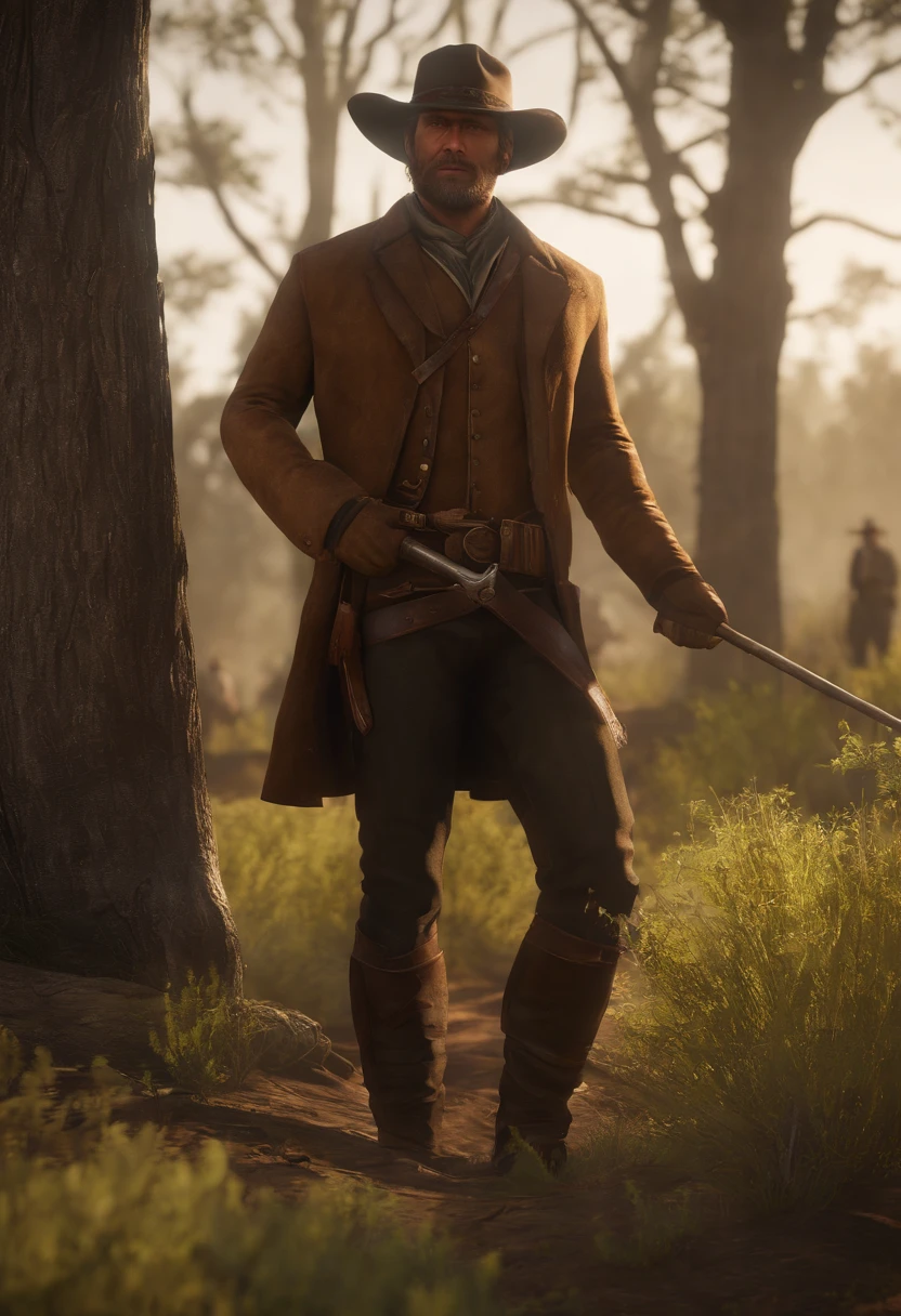 The image is of a group of volunteers planting trees in a barren field.,Red Dead Redemption 2,Arthur is a tall 36 year old human male with a stocky build. He is 6'3, weighing roughly 230lbs. He had light skin, green eyes, thick brown hair that is kept in a swept back style, and no visible scars aside from a small one on his chin.