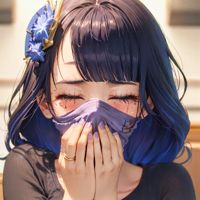 Yellow smoke covering her face, covering nose using palm hand, upward looking gaze、closed her eyes,(((syncope))),((shed tears)),((((Girl is surprised when she smells the bad smell of farts)))),((((please cover your face with your hands。&#39;There&#39;no smell)))