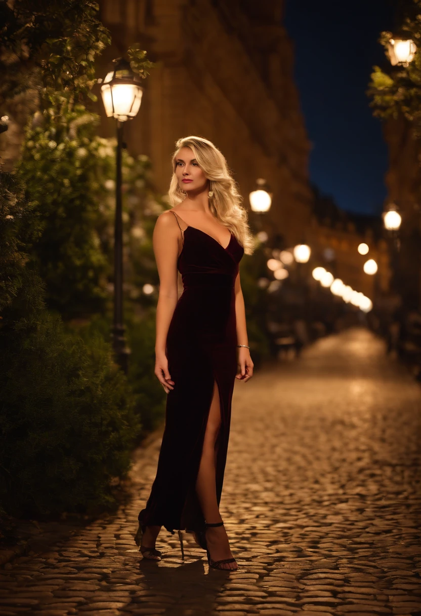 full body blonde european 25 years old woman visiting Hungary Budapest night photo realistic bokeh peter coulson style