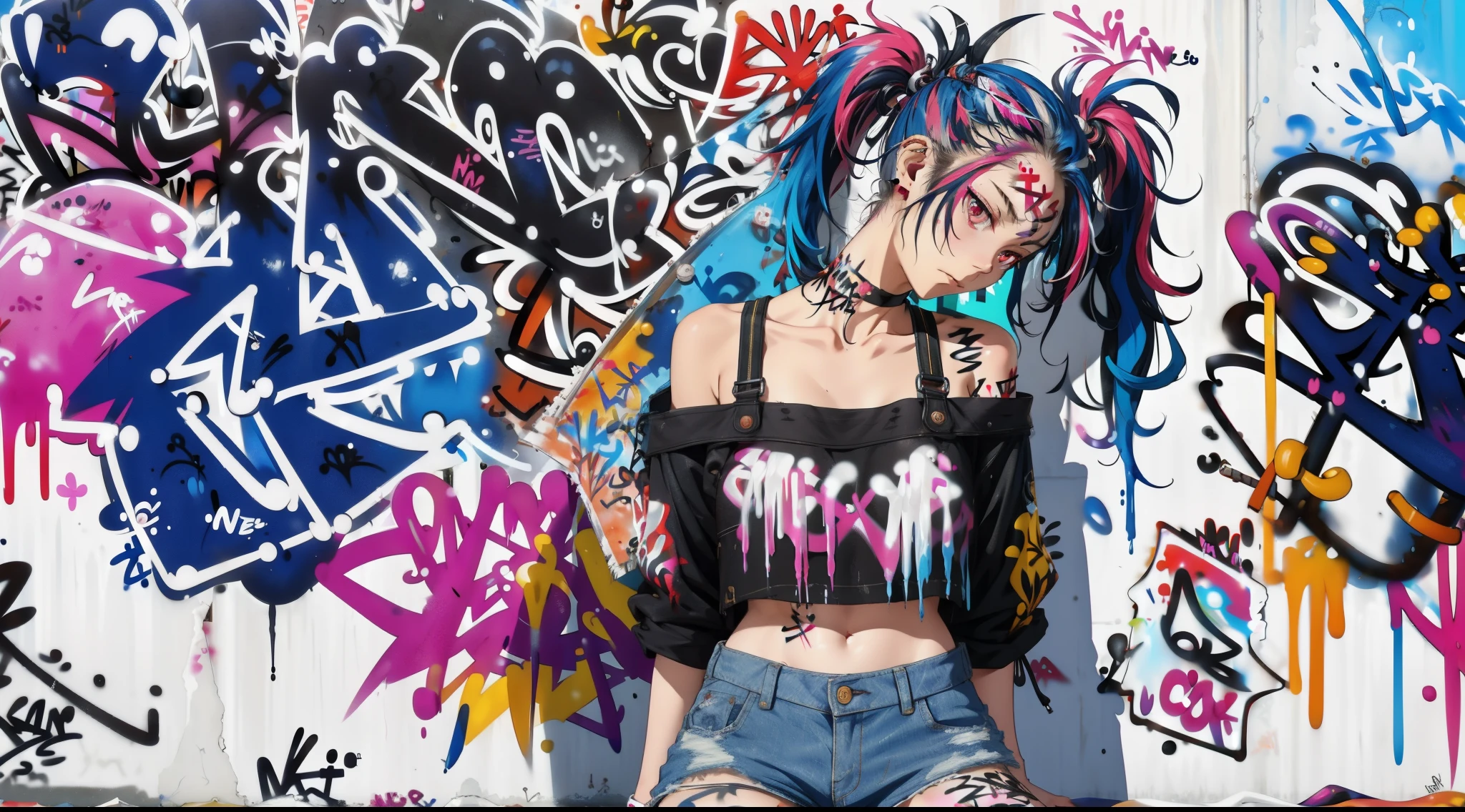 absurdres, best quality,1girl, solo, streaked hair, crop top, denim shorts, choker, (graffiti:1.5), paint splatter, arms behind back, (slouching), leaning back, against wall, (leaning to the side:0.25), looking at viewer, armband, thigh strap, streaked hair, paint on body, upturned eyes, head down, head tilt, (from side:0.75), bored, (expressionless:0.75)