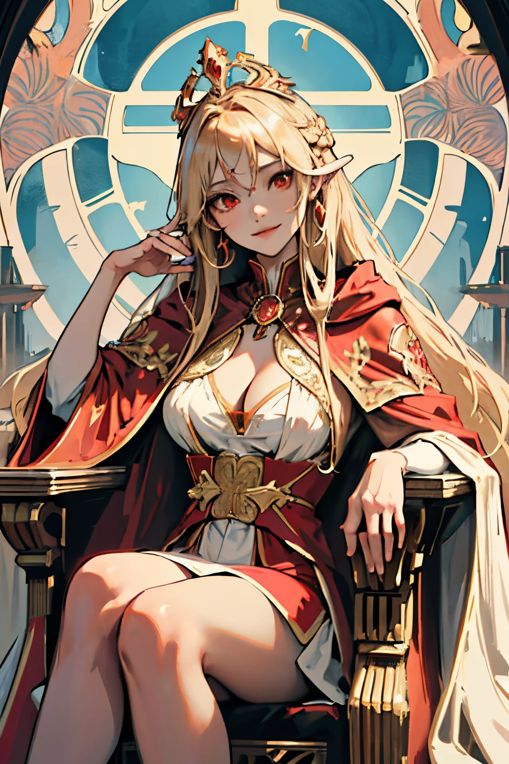 Big tits, cleavage, (masterpiece, best quality),  1girl, solo, (the empress:1.15), light blonde, long hair, (red cape), Curtain, white dress, queen dress, aurora, (sunshine, sky, river, forest), expressionless, red eyes, very long hair, (art nouveau:1.2), alphonse mucha, tiara, (face focus, upper body), sit, (red throne:1.12), tiara, crossing legs, highly intricate details, realistic light, smile