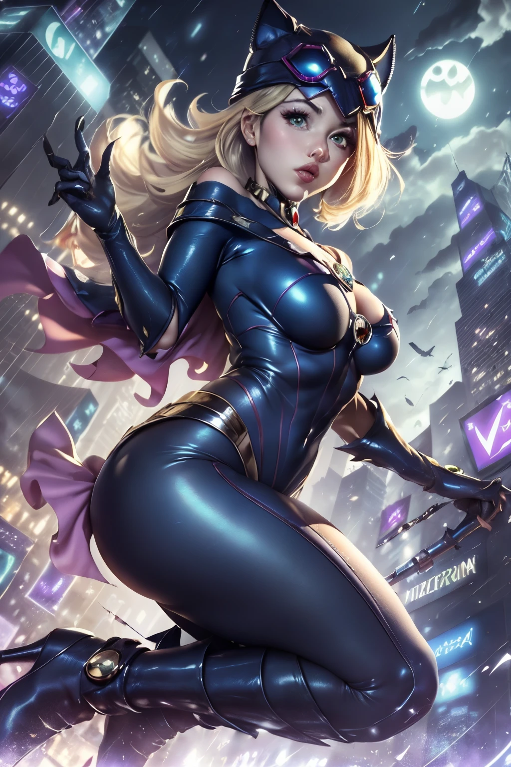 (obra maestra、4k-resolution、Un hiperrealista、ighly detallado)、(Tema Black Superheroes、carisma、Hay una chica con un disfraz de Catwoman sobre la ciudad、she is a superhero)、 [((25-years old)、(Pelo largo y gris:1.2)、cuerpo completo Esbian、(ojos azules:1.2)、((Catwoman Pose)、show of force、Saltar de un edificio a otro)、((Entorno urbano arenoso):0.8)|(Un paisaje urbano、Noche、dynamic light)、(luna llena)]#ilustrar:Indications are mainly ultra high definition、Muy real、Describe pinturas 4K altamente detalladas。A superheroine in a Catwoman costume is depicted at the top of the city。The subject of the photo is a black superhero theme。(((Vista posterior))), Disparo con objetivo gran angular, Neon lights, (((Disparando desde abajo))),