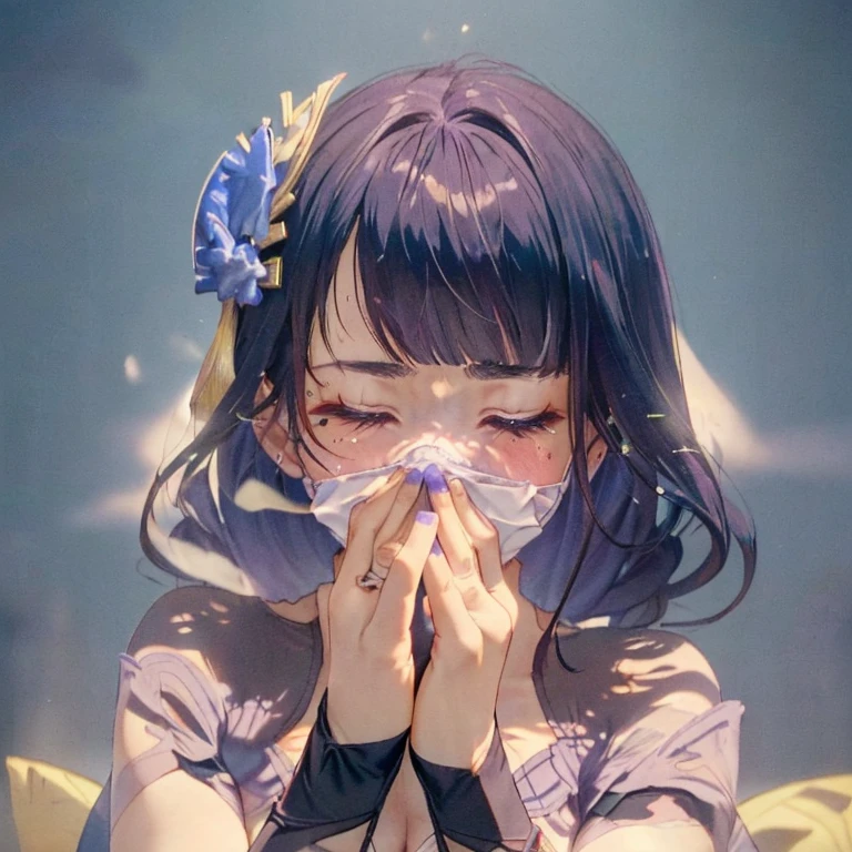 Yellow smoke covering her face, covering nose using palm hand, upward looking gaze、closed her eyes,(((syncope))),((shed tears)),((((Girl is surprised when she smells the bad smell of farts)))),((((please cover your face with your hands。&#39;There&#39;no smell)))