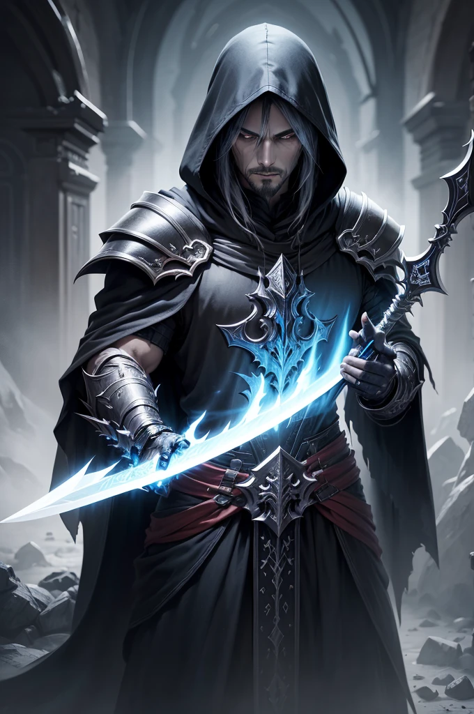 arafed image of a man with a sword and a cloak, concept art by Arthur Pan, Artstation contest winner, fantasy art, dark hooded wraith, death knight, 4k fantasy art, dark cloaked necromancer, deathknight, 8k fantasy art, dark armor, king of time reaper, dark warrior, epic exquisite character art