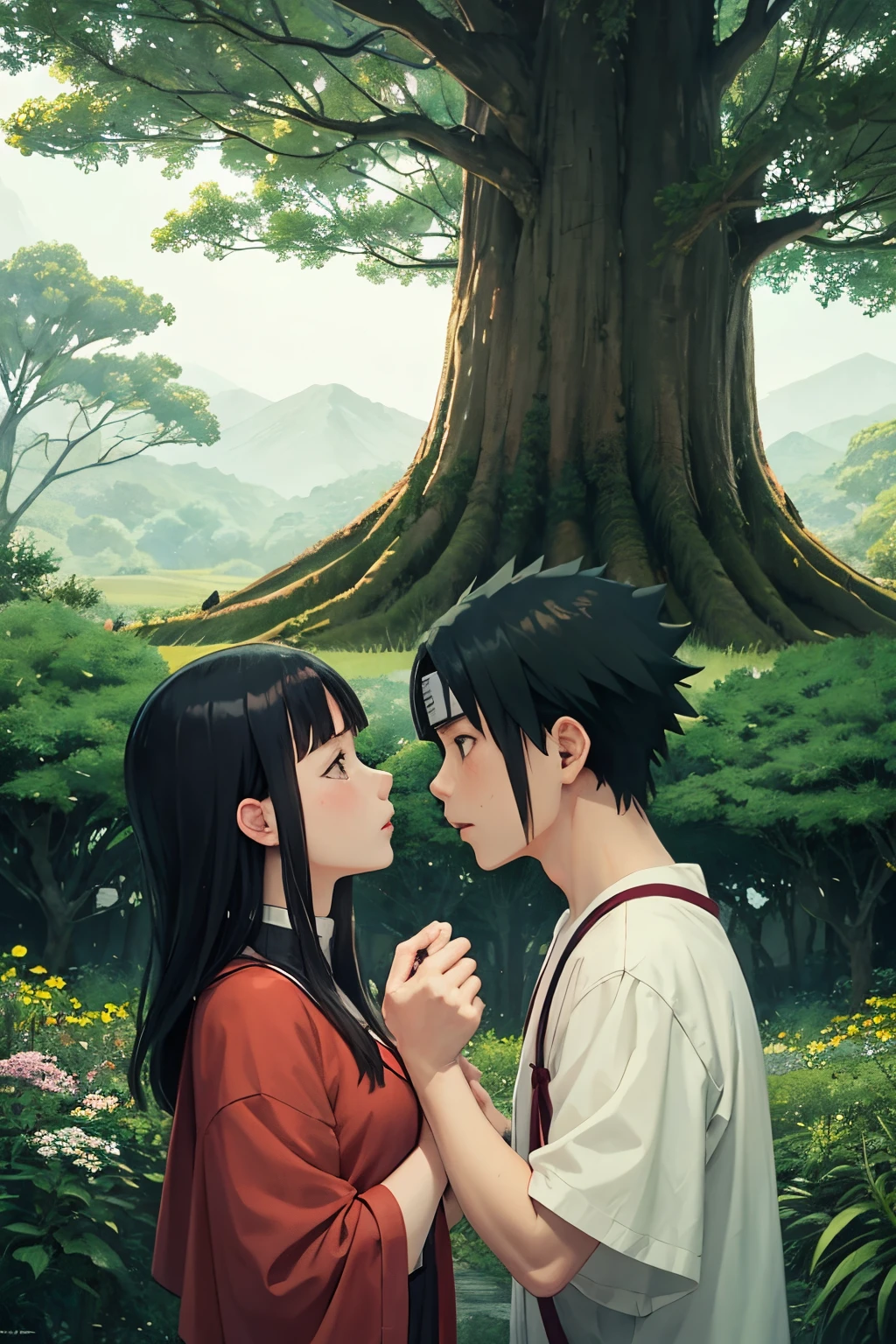 transform the moment of Naruto hokage making eye contact beneath a grand tree into a captivating scene using Studio Ghibli's distinctive whimsical animation style. Infuse the artwork with the enchantment of soft pastel tones, gentle glowing elements, and the magical ambiance synonymous with Ghibli films, creating an evocative and mesmerizing portrayal."