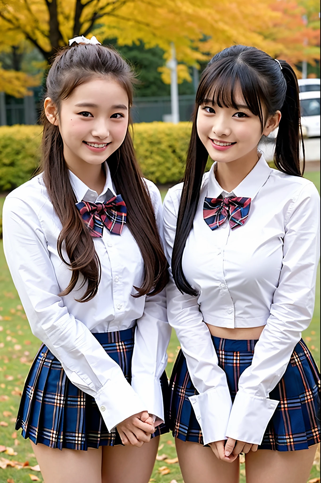 (8k、Raw photography、Highest quality、masterpiece:1.2),(Black Hair、Dark Eyes:1.9),(:1.6)、View your viewers,Front view,White skin,(:1.4)、(Tight waist:1.6)、(Clothes that accentuate the shape of the breasts:1.0)、(Big Breasts :1.3)、Slim figure、Ultra-high resolution,beautiful,beautiful fece,(2 people、No background:1.9),whole bodyボディー,Japanese women,(reality的:1.37)、Photon Mapping,reality、(Baby-faced and cute: 1.4)、(Cute Smile: 1.8)、(Round face: 1.8)、Radio City、Physically Based Rendering、Depth of field rally background、photograph, (I can see your knees、Thigh close-up:1.8),(:1.6),whole body、Great quality