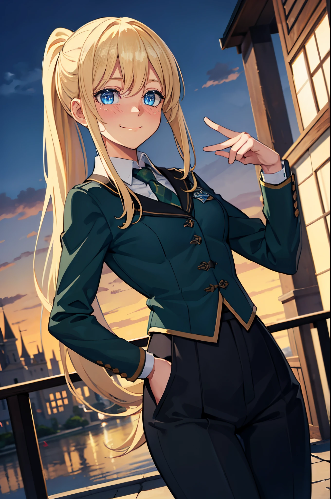 Safe for work, masterpiece, best quality, solo, 1 girl, cute girl, wholesome girl, (young female body:1.4), ( medium breasts), cowboy shot, confident smile, light blue eyes, golden hair, extra long blonde hair, low ponytail, hime cut, outdoors, castle in background, Slytherin uinform, black uniform pants, darkgreen vest, slytherin suit tie