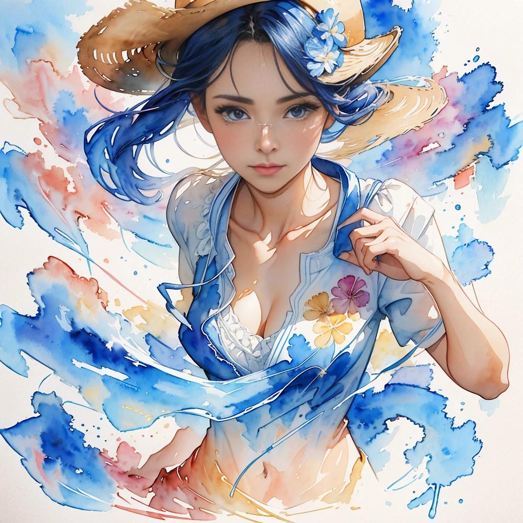 8k,obra prima,qualidade superior, de baixo , cowboy shot ,dynamic pose,1girl em, retrato, floral, watercolor sketch, Luz, cabelos longos, holding out his hand,Feliz, aquarela paiting \(medium\),aquarela paiting