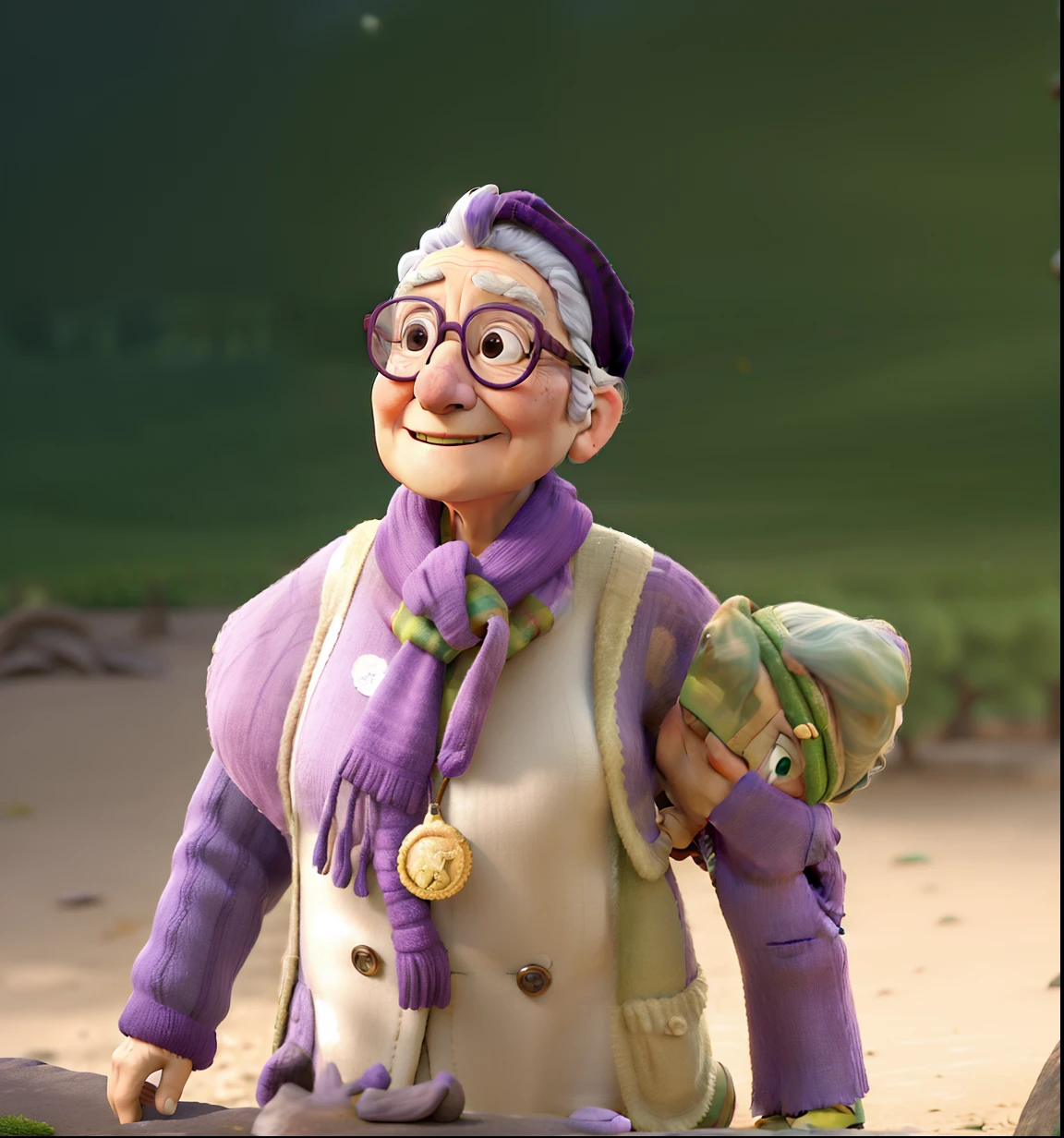 masterpiece, best quality, an old woman with glasses and a scarf on, wearing a purple coat and green scarf, standing at the park