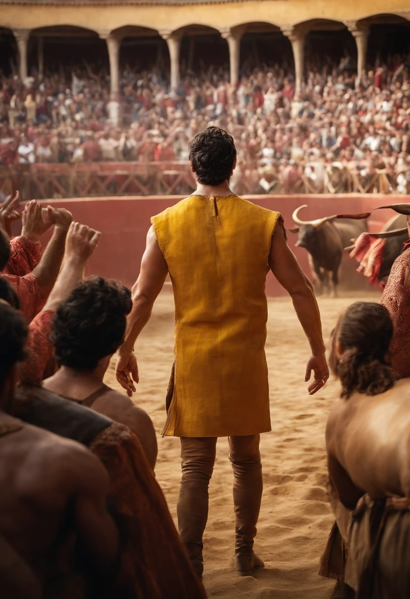 A photo of Oberyn at a lively bullfighting arena, surrounded by cheering spectators and the powerful presence of the bull,Game of Thrones TV series,Oberyn is a tall man with black hair and a beard, famously portrayed by Pedro Pascal