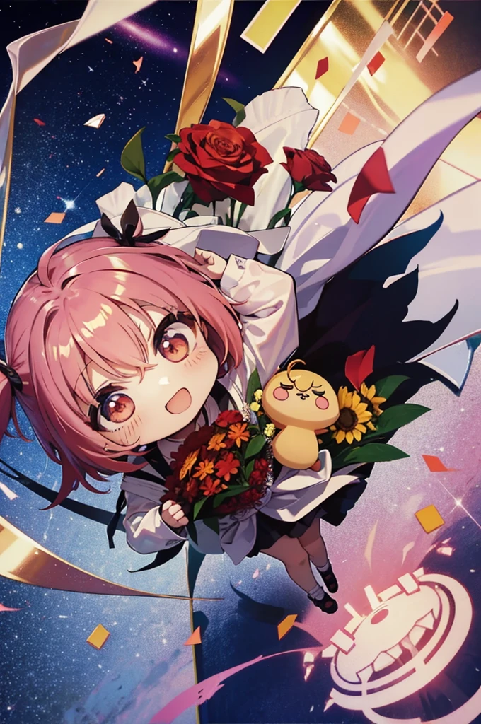 (Chibi: 1.3), Feliz, (holding a bouquet), corpo inteiro,