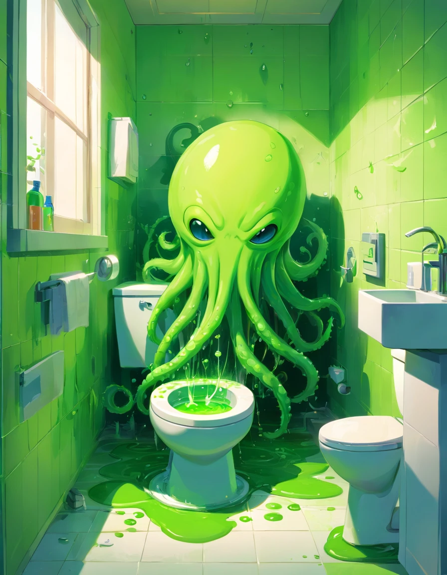 Alien spot of green slime with tentacles,Invasion of alien green slime spots coming out of the toilet,fondo:Small bathroom,1aseo,1ventana,Piso de tablero de ajedrez,mess,newspapers,(Explosiones de limo verde),