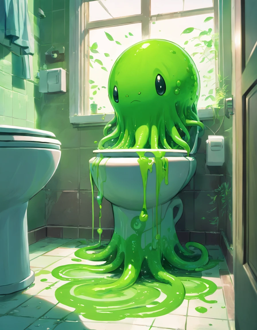 green slime alien blob with tentacles,invasion of green slime alien blobs popping out of the toilet,background:small bathroom,1toilet,1window,checkerboard floor,mess,newspapers,(green slime blasts),