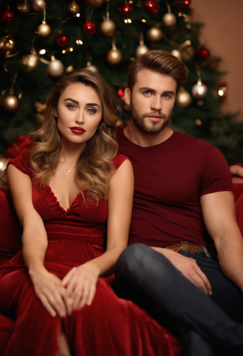 1 homme et 1 femme amoureux. Femme blonde et homme musclé chattain. Décor de Noël