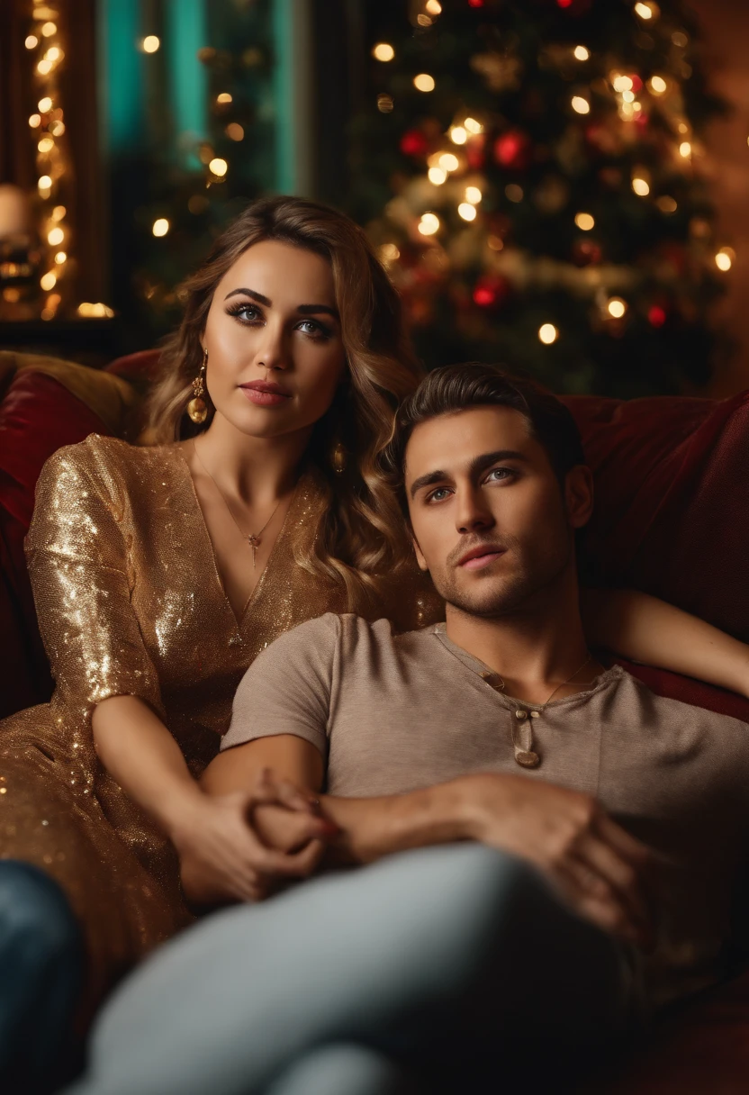 3/4 view, a hyperdetailed analog photograph of a 28yo couple-man and woman sitting on sofa in the Christmass room , Model, similar to Miley Cyrus tender and nice , stylish mini dress, detailed face, realistic eyes, big boob