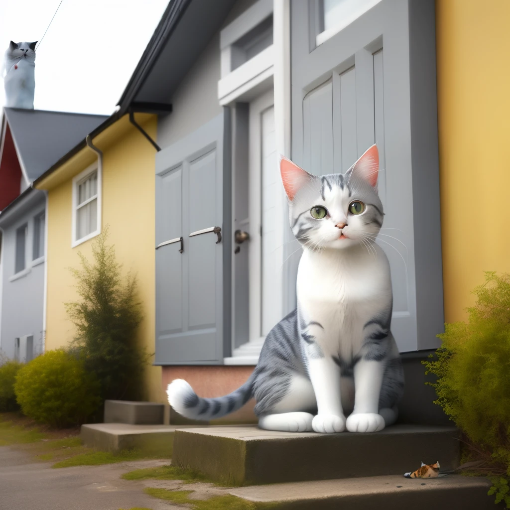 grey and white cat on a yellow house