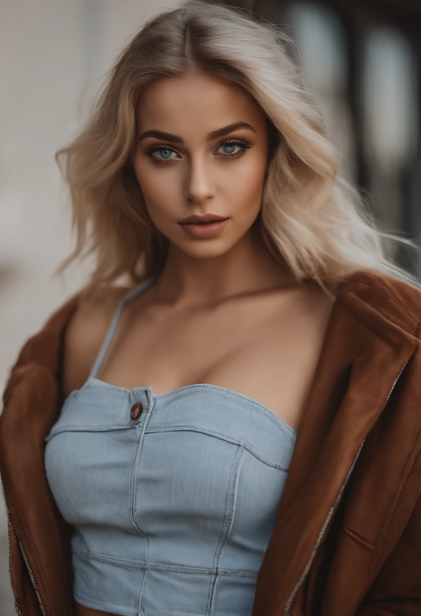 Oman with matching crop top and ripped jeans, sexy girl with blue eyes, Portrait Sophie Mudd, Portrait of Corinna Kopf, blonde hair and big eyes, young woman, ohne Maquillage, natural make-up, Face with Artgram, dezentes Maquillage, Gorgeous full body photo, Walking in the city, big boobs, Blonde, Latin