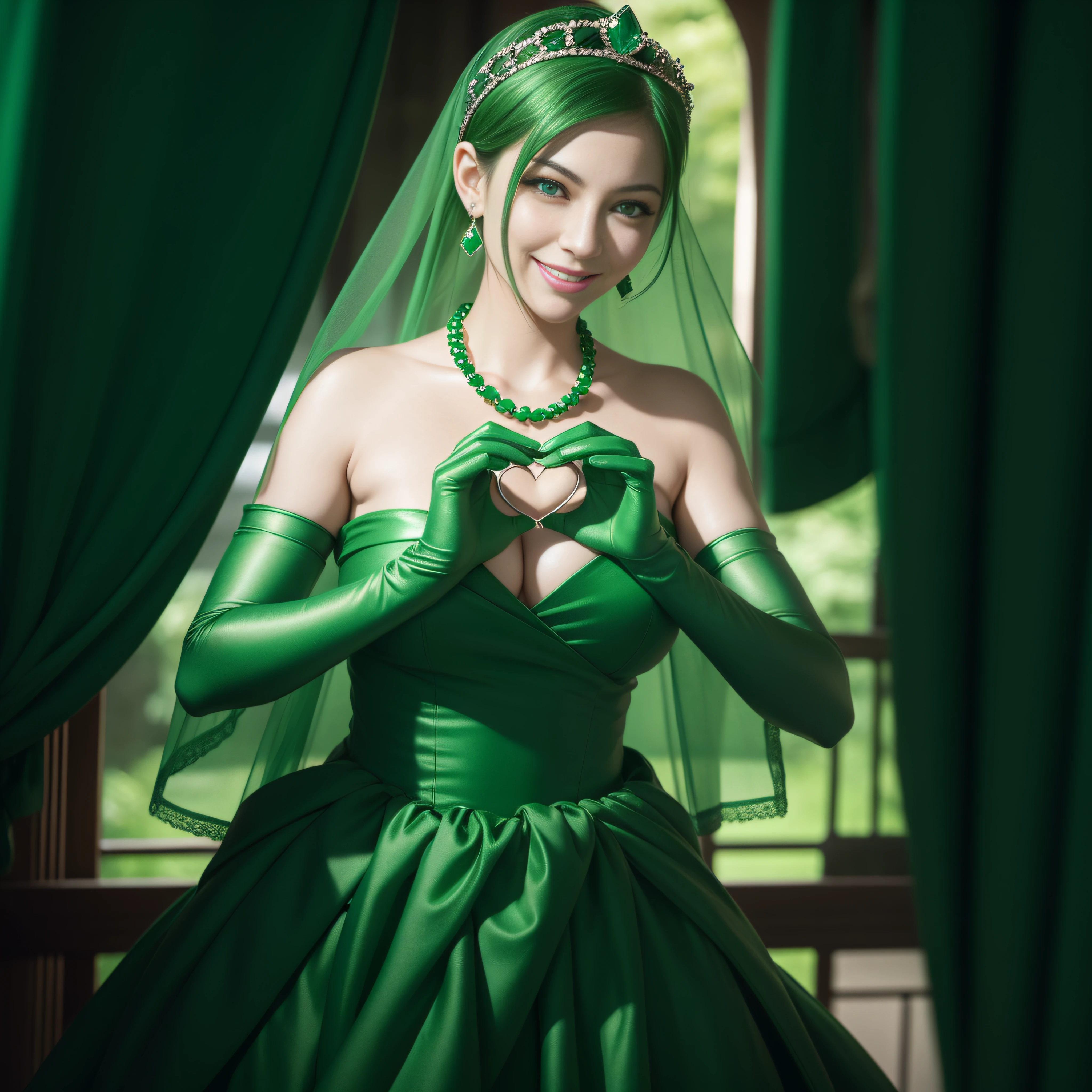 emerald tiara, Green Pearl Necklace, Boyish very short green hair, lipsticks, Japan woman smiling, very short short hair,  big breasts beautiful, Green eyes, Long green gloves made of satin material, Green eyes, Emerald Earrings, green vale, Heart with both hands