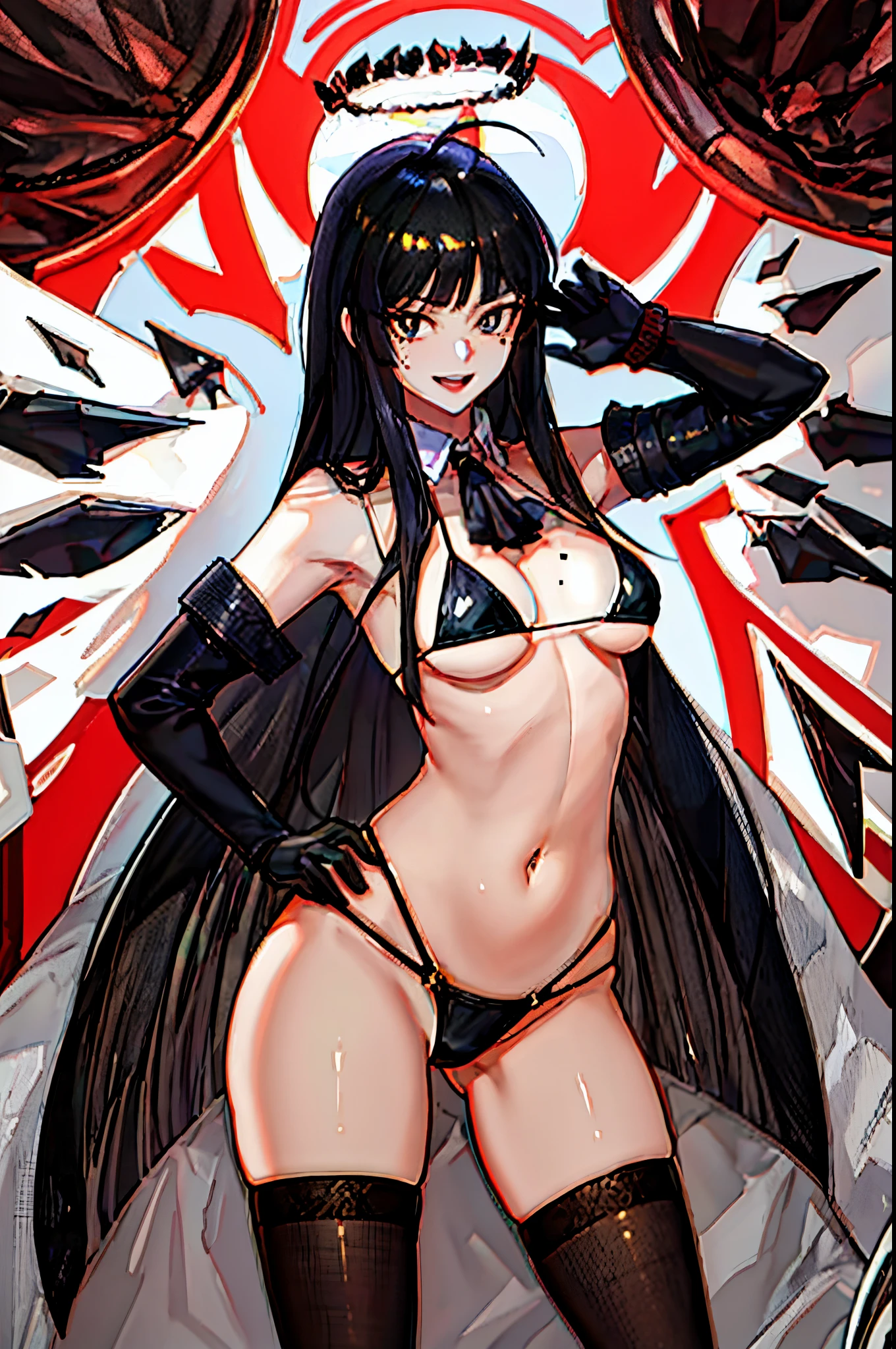 (((good face, good eyes, beautiful face, good mouth, good nose))), ((((stomach, nice belly, thin, skinny, nice navel, ribs)))), ((((perfect anatomy)))), ((anime girl, anime)), detailed background, highres, official art, (masterpiece, best quality, absurdres), ((((1girl, solo)))), ((extreme detail)), (ultra-detailed), (textured skin), (((very clear))), best quality, masterpiece, highres, anime girl with black hair and black stockings posing, seductive anime girl, ahoge, arched back, armpit crease, ascot, bare hips, bare shoulders, bikini, black ascot, black bikini, black eyes, black gloves, black hair, black halo, black thighhighs, black wings, blunt bangs, breasts, breasts apart, bright pupils, broken halo, collar, contrapposto, cowboy shot, dark halo, detached collar, detached sleeves, detached wings, doyagao, elbow gloves, energy wings, hand in own hair, hand on own hip, hand up, highleg, highleg bikini, highleg swimsuit, hime cut, long hair, long sleeves, looking at viewer, medium breasts, mole, mole under eye, o-ring, o-ring bottom, open mouth, pale skin, presenting, presenting swimsuit, sideboob, sidelocks, skindentation, smile, smug, standing, string bikini, swimsuit, teeth, thighhighs, thighs, tongue, underboob, upper teeth only, v-shaped eyebrows, very long hair, white collar, white pupils, wide hips, wing collar, wings, indoors, bedroom