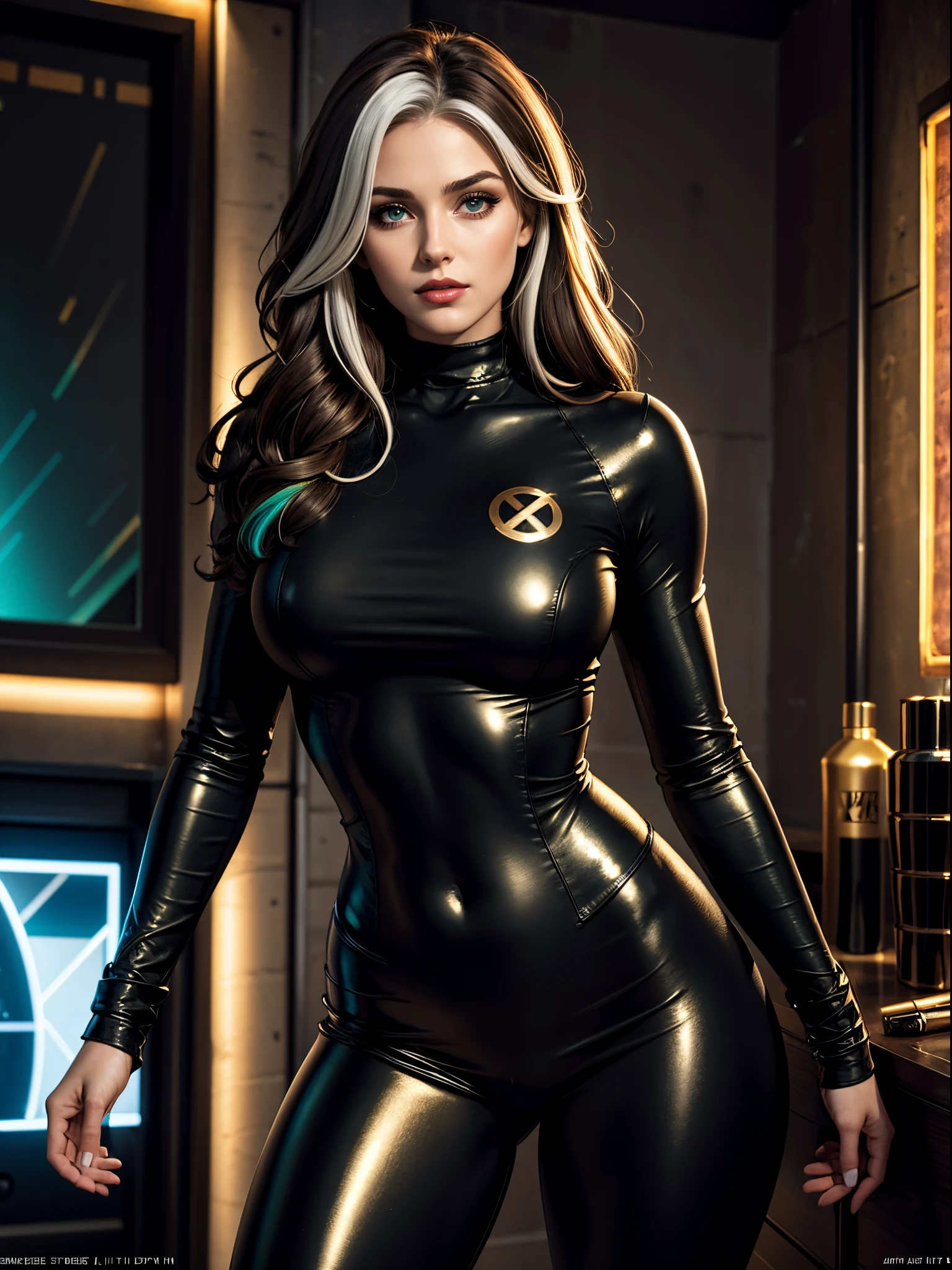 Autumn atmosphere scene, ((Masterpiece)), Best quality, real, Realstic, perspective, luminescent, couleurs vives, Best quality, (beautifull detailed face, detail skin texture, ultra-detailed body:1.1),
1girl, only1, 25 years old, Rogue X-Men, brown hair, (WHITE STREAK IN HAIR), medium length hair, green eyes, makeup, smoky eye makeup, delicate face, strong body, thick legs, slim waist, medium breasts, thick lips, shiny hair, long eyebrow, black eye-shadow, lipstick, Athlete's physique, golden ratio body, tight clothes, black skin-tight turtleneck sweater, low rise skin-tight black pants, a thong is visible over her hips, wearing boots, ((Background: rock concert)) back room, black leather furniture, neon lights, (dynamic shot:1.3), photo realist, Breathtaking, good quality, wallpaper, colorful, art, (Hdr:1.5), hyperdetailed, (ArtStation:1.5), cinematic, warm lights, dramatic light, couleurs riches, hyper realistic, lifelike texture