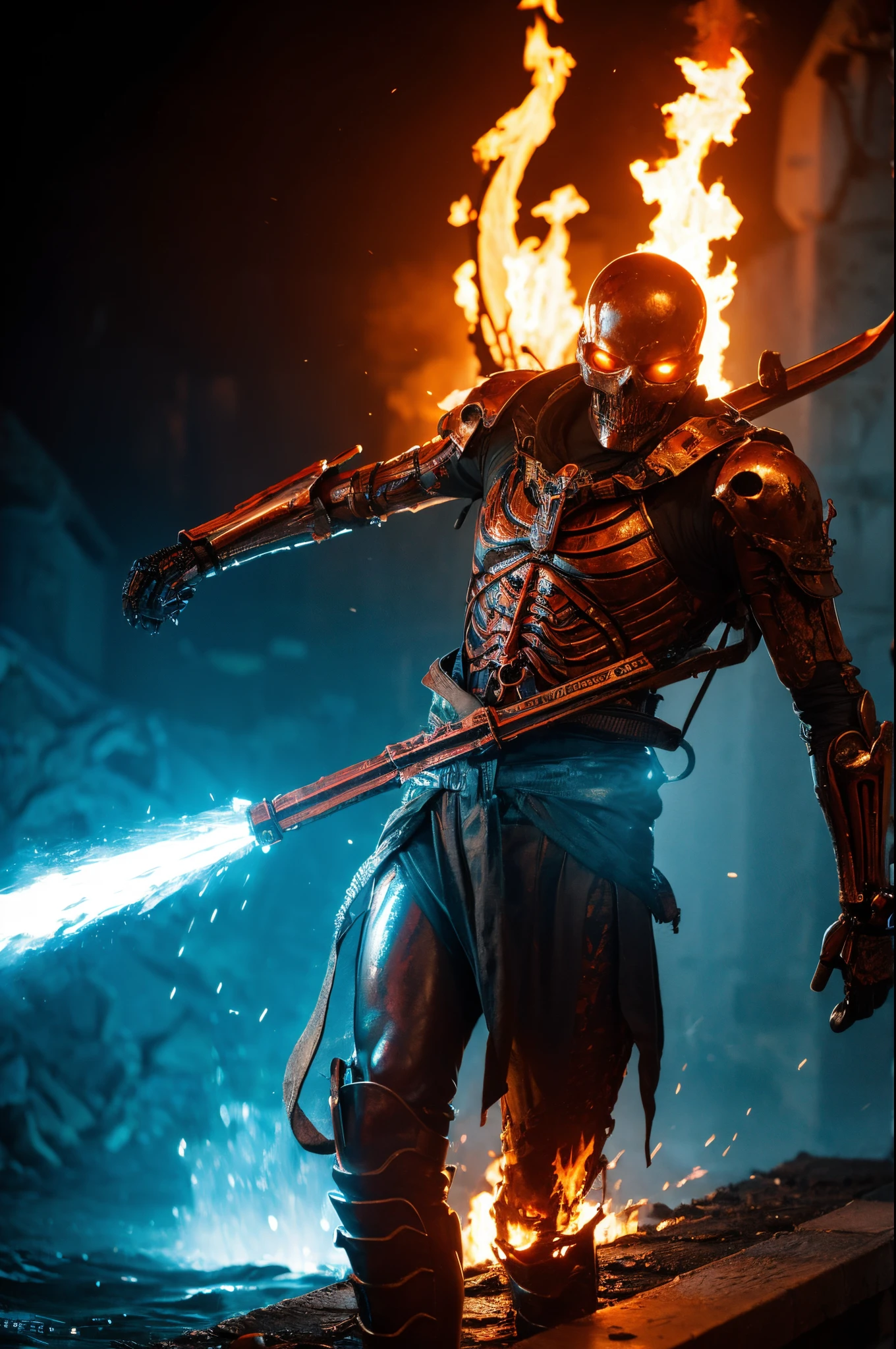 fire and water skeleton warrior, cyberpunk burning backround,