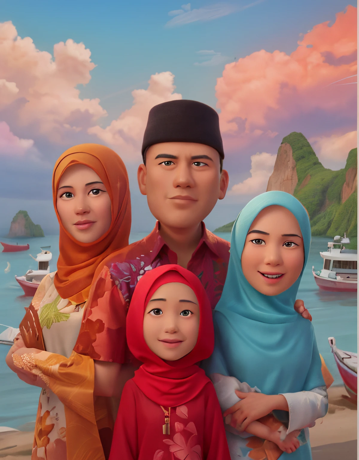 cartoon family portrait of a man, woman, and two children, Mother wears the hijab, Beautiful beach background, white sand and clear sea water, an indonesian family portrait, Indonesian family, caricature illustration, cartoon digital painting, cartoon artstyle, cartoon style illustration, cartoon digital art, digital cartoon painting art, happy family, digital art cartoon, cartoon art, potrait, in cartoon style, cartoon portrait, cartoon art style, detailed portrait, caricature style