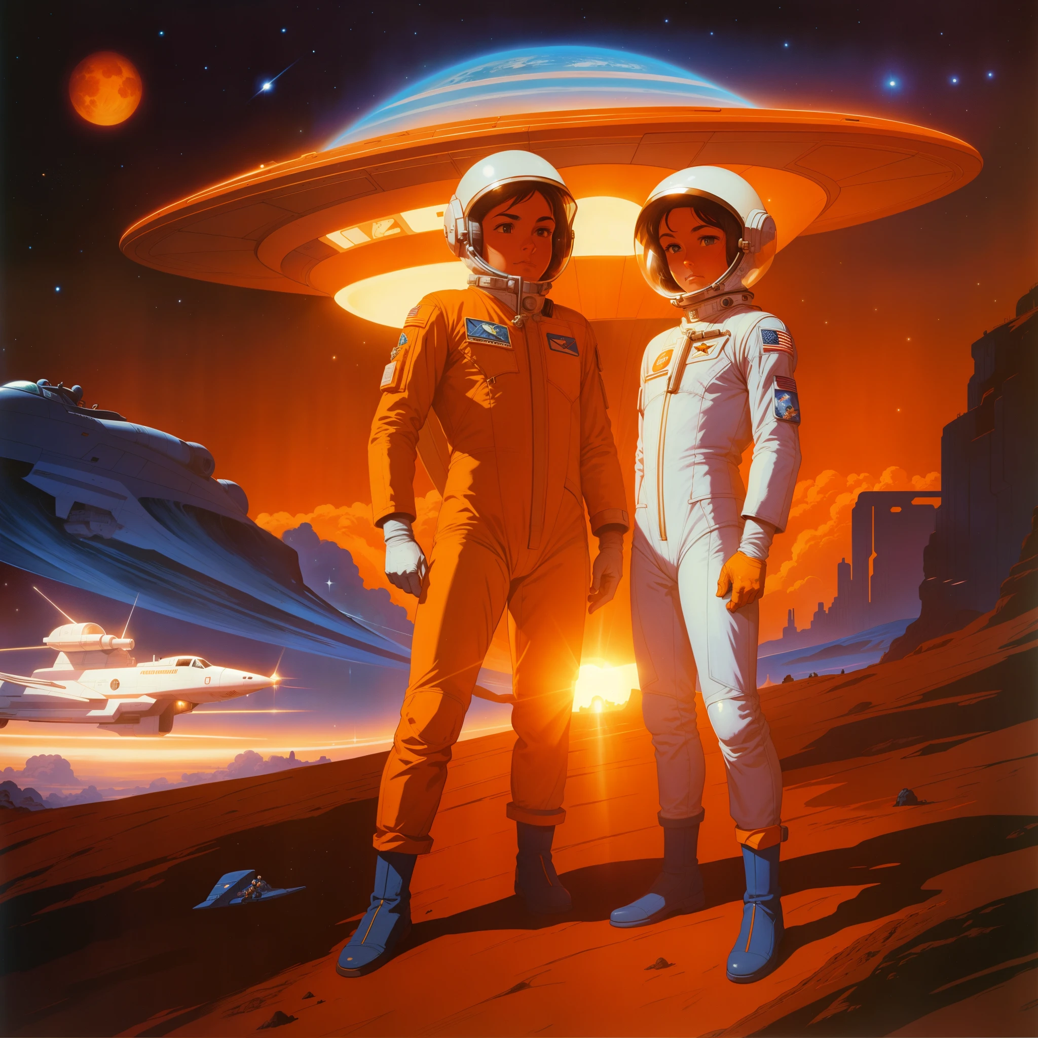 astronauts with beautiful faces in orange spacesuits against the background of a spaceship, Ретро Sci - Fi Art, Tim Hildebrandt, Retro 1 9 6 0 C Sci-fi art, Vintage sci-fi art, Bob Ringwood, Retro Sci - Fantastic picture, Astronauts and space colonies, by David G. Sorensen, Ed Emschwiller, Wayne England