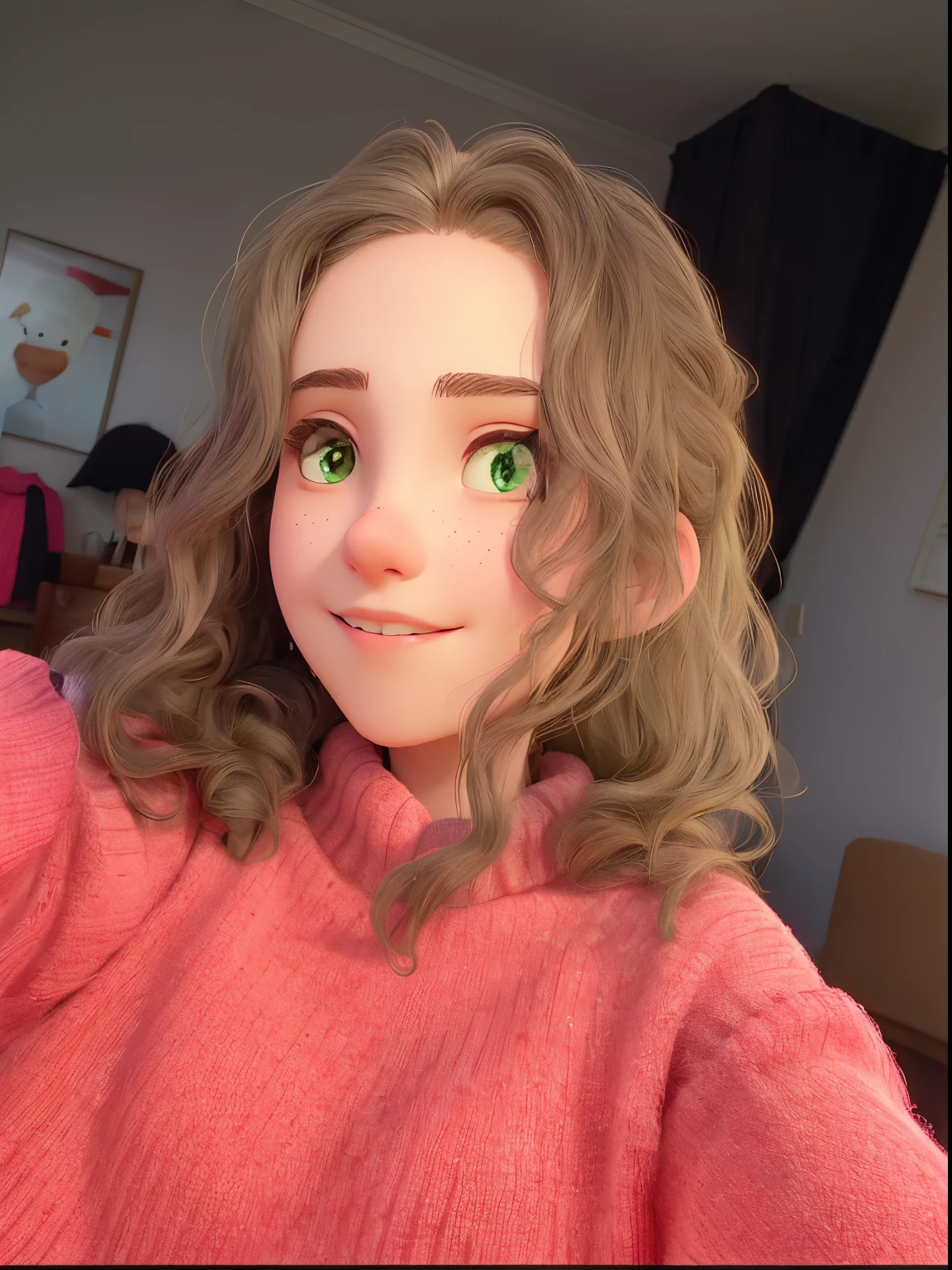 arafed woman with a pink sweater and green eyes,  girl portrait, 8k selfie photograph, 1 8 yo, selfie of a young woman, headshot profile picture, 18 years old, halfbody headshot, very very low quality picture, no makeup wavy hair, frontal picture, aleksandra waliszewska, 19-year-old girl