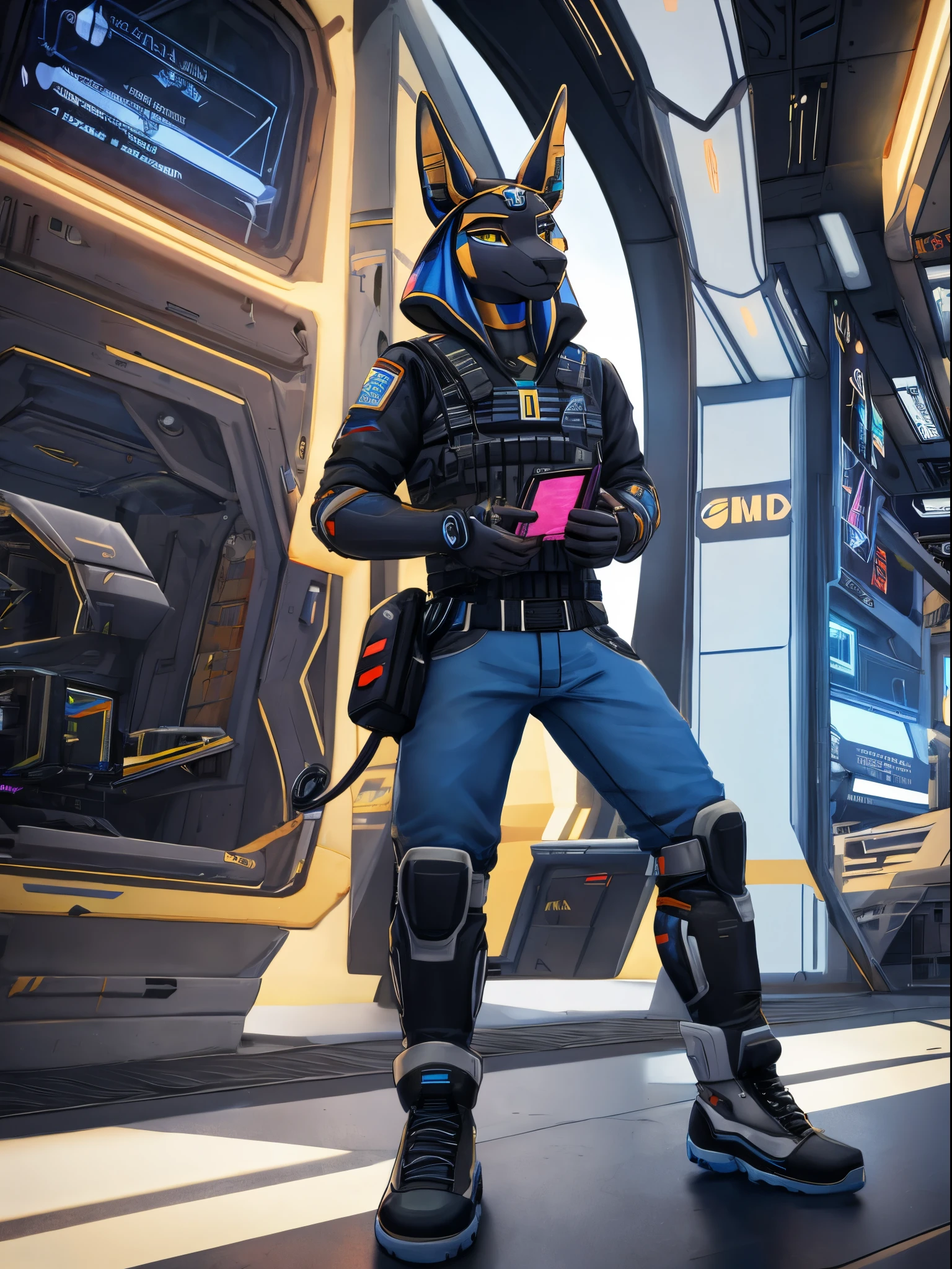 4k , 8k , master-piece , male Anubis with techwear in a futuristic scifi world , techwear , scifi Egypt, viel dynamisches licht , stargate umgebung , futuristische Landschaft
