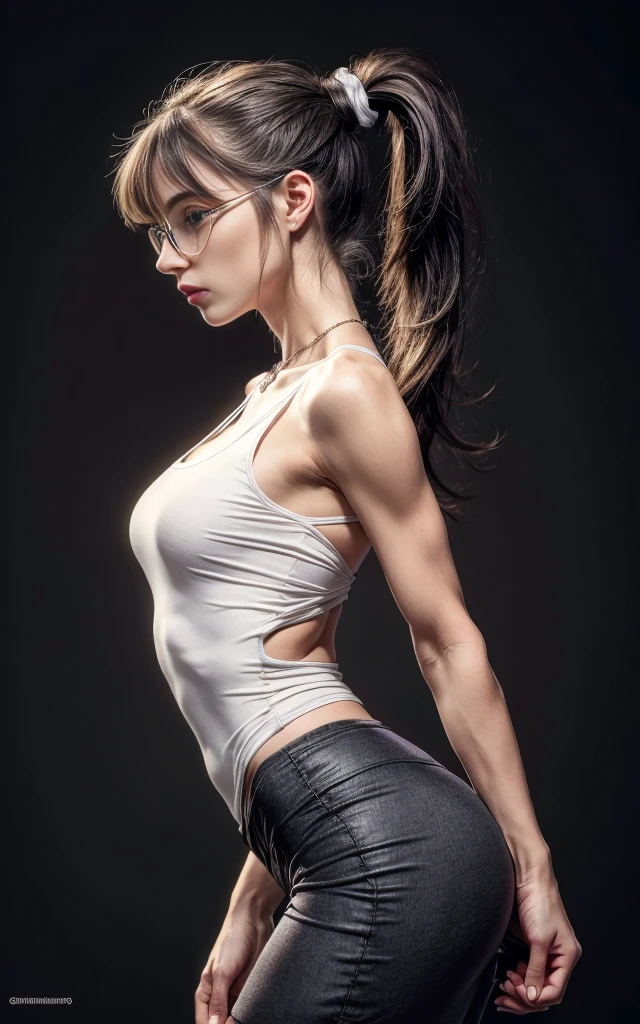 (8K, Masterpiece, RAW photo, Best quality, detail:1.3), (ultra realistic:1.4, scenary, 8K), Depth of field, Cinematic light, (ultra realistic face), (1 solo girl:1.7), (Beautiful and elegant Russian girl), ([tight miniskirt|tight leggings|tight skinny jeans|tight minidress|tight skinny minishorts], [red|white|purple]:1.5), (skinny girl with glasses), (European face:1.3), (natural abs), (full body:1.5), ([tight minitop|tight jacket]:1.4), (small necklace, collarbone:1.1), ([long hair|short hair]:1.5), (ultra detailed skin:1.4), (soft mate fabric:1.3), ([frontal pose|side profile pose|back profile pose]:1.5), (face looking at viewer:1.5), (perfect hands:1.2), (perfect anatomy:1.5), ([black hair|blonde hair]:1.4), (Side ponytail hair:1.5)