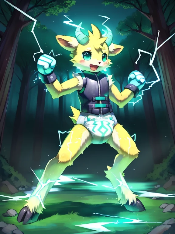 ((by wadorigi on Twitter)(Lamb)), pokemon, kid proportions, cute, adorable  , thin thighs, hooves,  upper limb hooves, yellow fur,  horns with electricity, (teal and yellow electricity), teal lightnings on surroundings, wearing soggy messy padded  diaper, wearing dark yellow vest, (leather padded  fist mitts), leather wrist cuffs, kicking, in forest