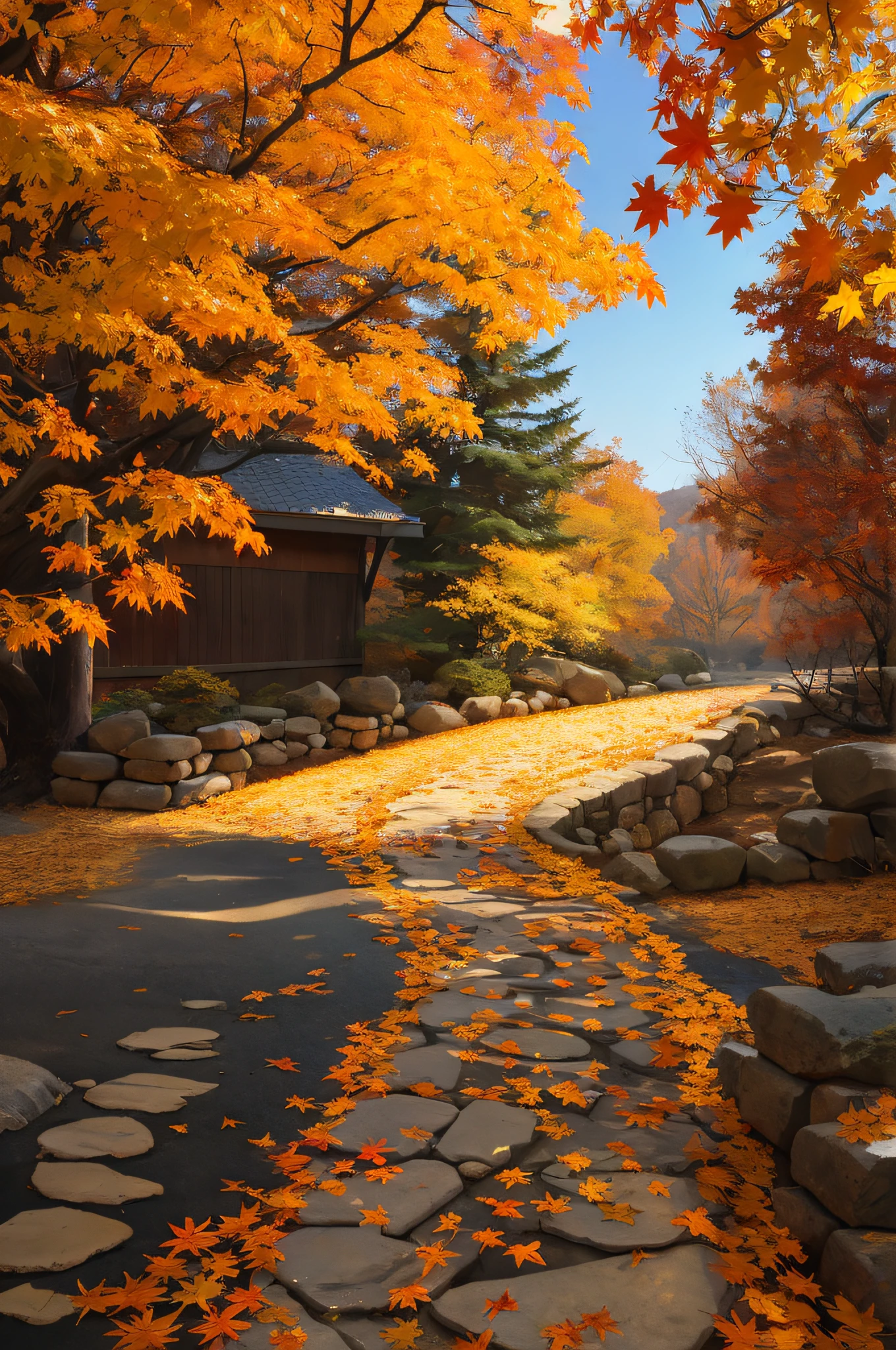 late autumn,maple leaves,stone path,Frost,leaves falling,Scenic beauty,