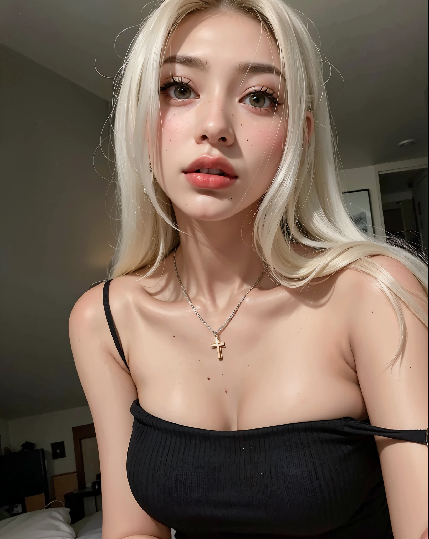 1 girl,aheago, open mouth, long messy hair,  (skinny body:1.1),((flat chest like a boy:1.2)), skimpy cropped t-shirt and mini shorts, bracelets, choker, hotel lobby in background,From Above