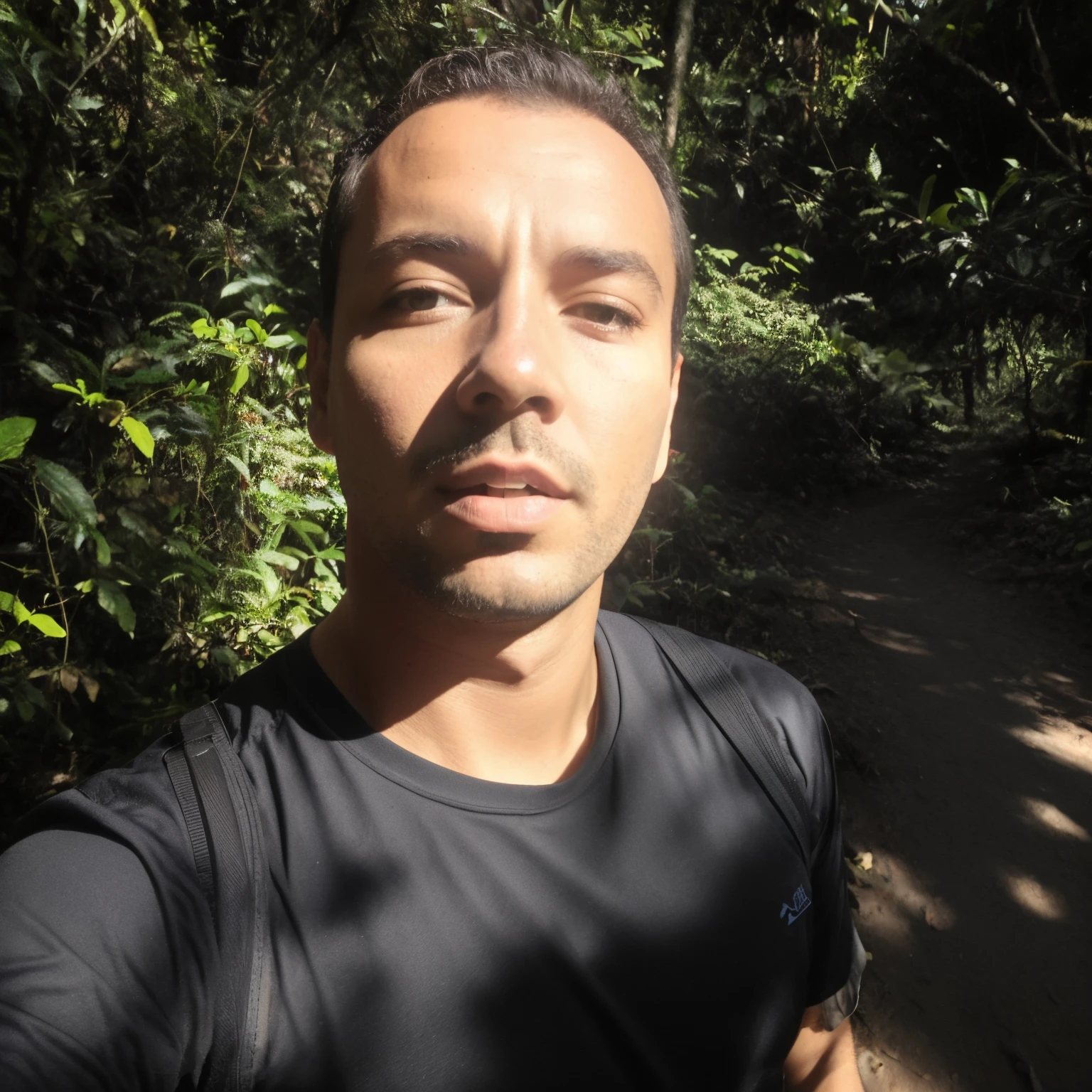Homem com uma mochila tirando uma selfie na floresta, na selva, em frente a um fundo de floresta, em uma selva, na selva, em torno de 1 9 anos, na floresta da selva !!!, Forrest em segundo plano, in front of an amazing forest, Hora do dia ensolarado, em um ambiente de selva, Sentindo a Natureza, Forrest em segundo plano, Me ajuda