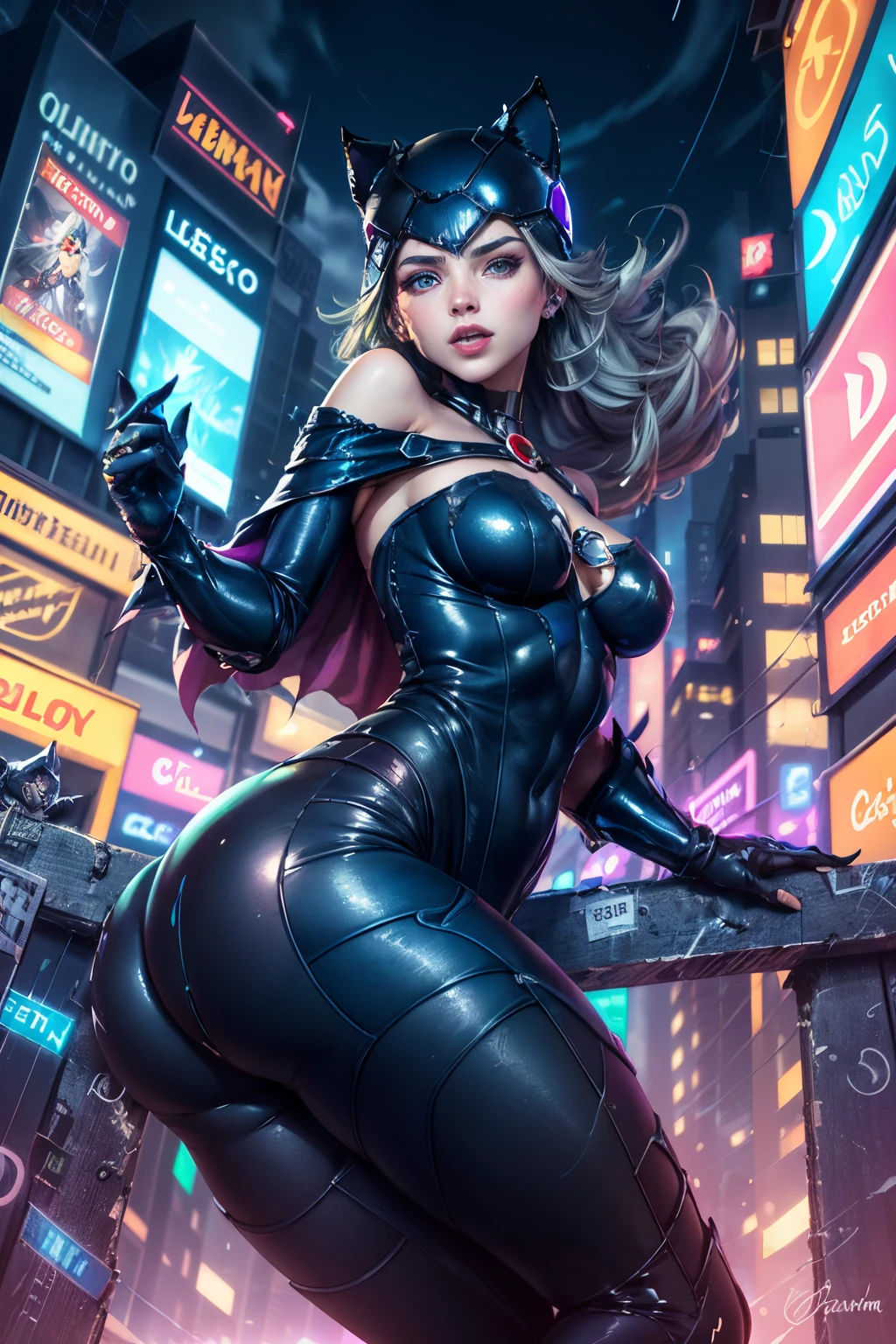 (obra maestra、4k-resolution、Un hiperrealista、ighly detallado、Dale la espalda), (Tema Black Superheroes、carisma、Hay una chica con un disfraz de Catwoman sobre la ciudad、de espaldas。she is a superhero)、 [((25-years old)、(Pelo largo y gris:1.2)、cuerpo completo Esbian、(ojos azules:1.2))、((Entorno urbano arenoso):0.8)|(Un paisaje urbano、Noche、dynamic light)]#ilustrar:Indications are mainly ultra high definition、Muy real、Describe pinturas 4K altamente detalladas。A superheroine in a Catwoman costume is depicted at the top of the city。((Disparo con objetivo ultra gran angular)), ((Disparo mirando hacia arriba desde abajo:1.3)), (((neon light))),