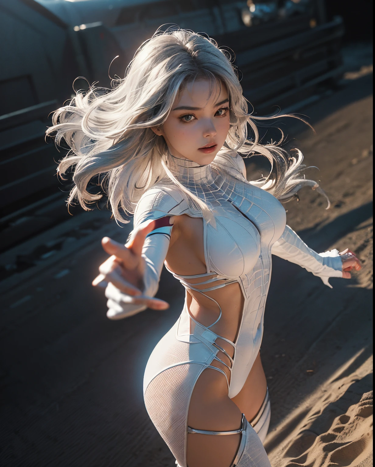 (Extreme Detail CG Unity 8K wallpaper, masterpiece, highest quality), (Exquisite lighting and shadow, highly dramatic picture, Cinematic lens effect), a girl in a white Spider-Man costume, microkini, silver gray hair color, from the Spider-Man parallel universe, Wenger, Marvel, Spider-Man, fight in the sand, UFO, dynamic pose), (excellent detail, excellent lighting, wide angle), (excellent rendego on desert, enough to stand out in its class), focus on white Spider-Man costumes, complex spider textures