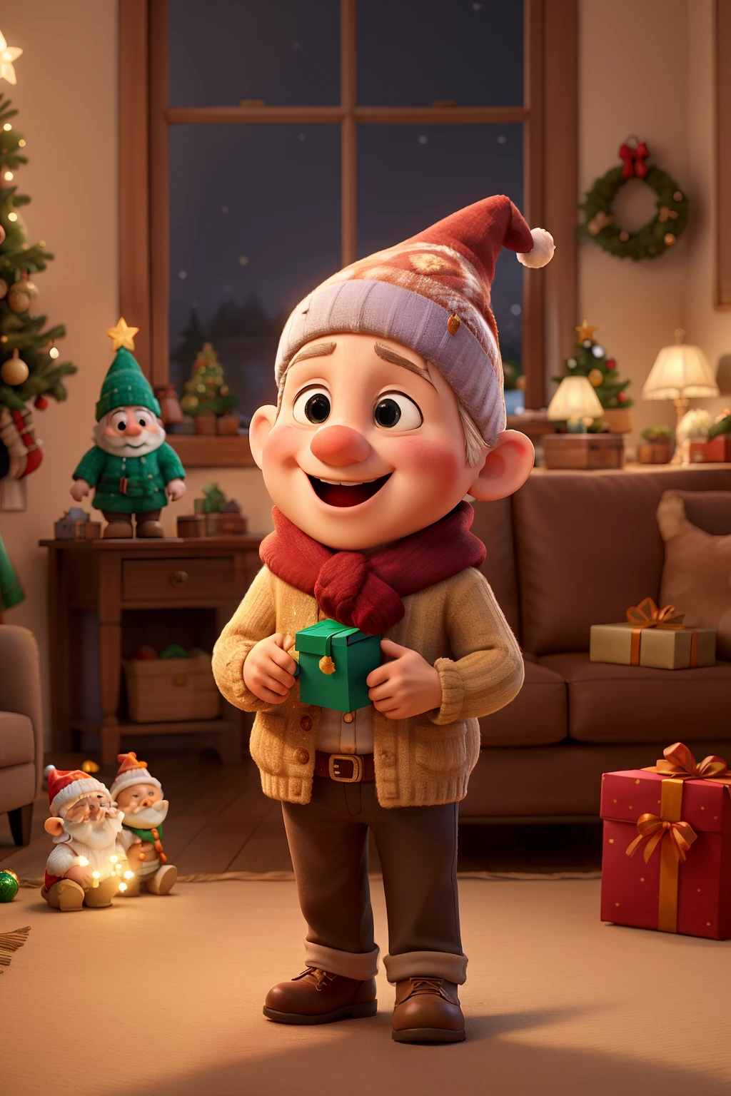 endearing Christmas gnomes, donned in colorful scarves and hats, cheerfully standing in a cozy living room decorated with holly and twinkling lights, the ambiance resonating with the joyous spirit of gift-giving and togetherness, Illustration, detailed painting focusing on the heartwarming scene