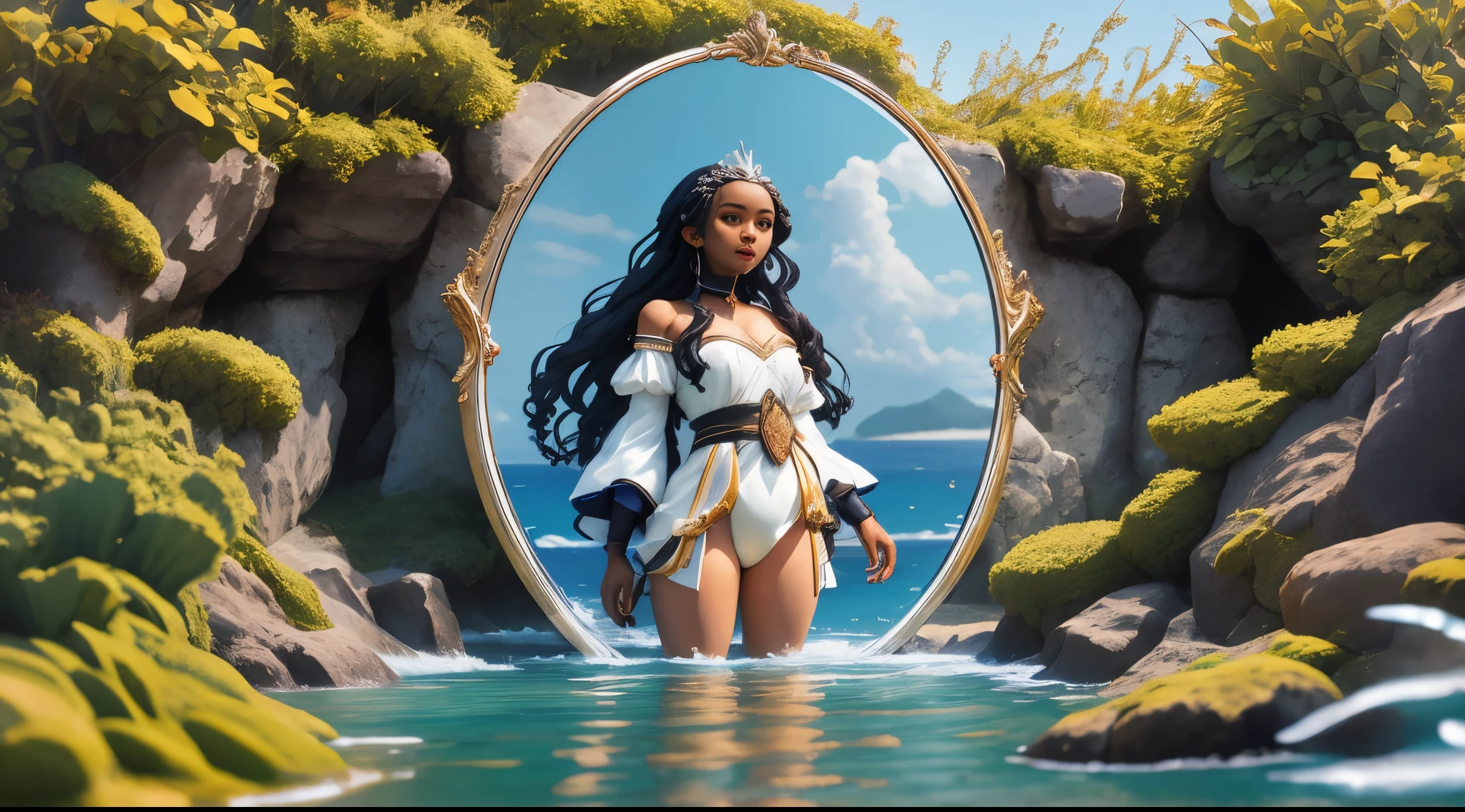 Negra, rainha do mar, water green sword and mirror, cabelos longos