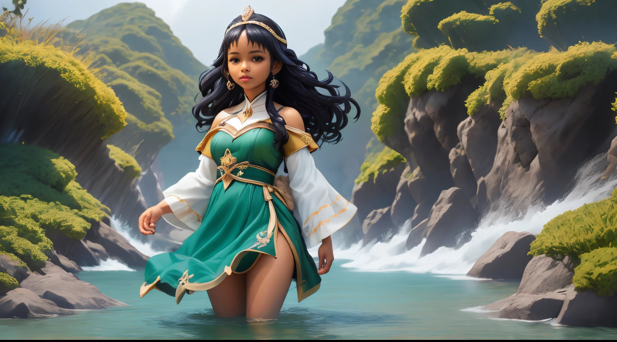 Negra, rainha do mar, water green sword and mirror, cabelos longos