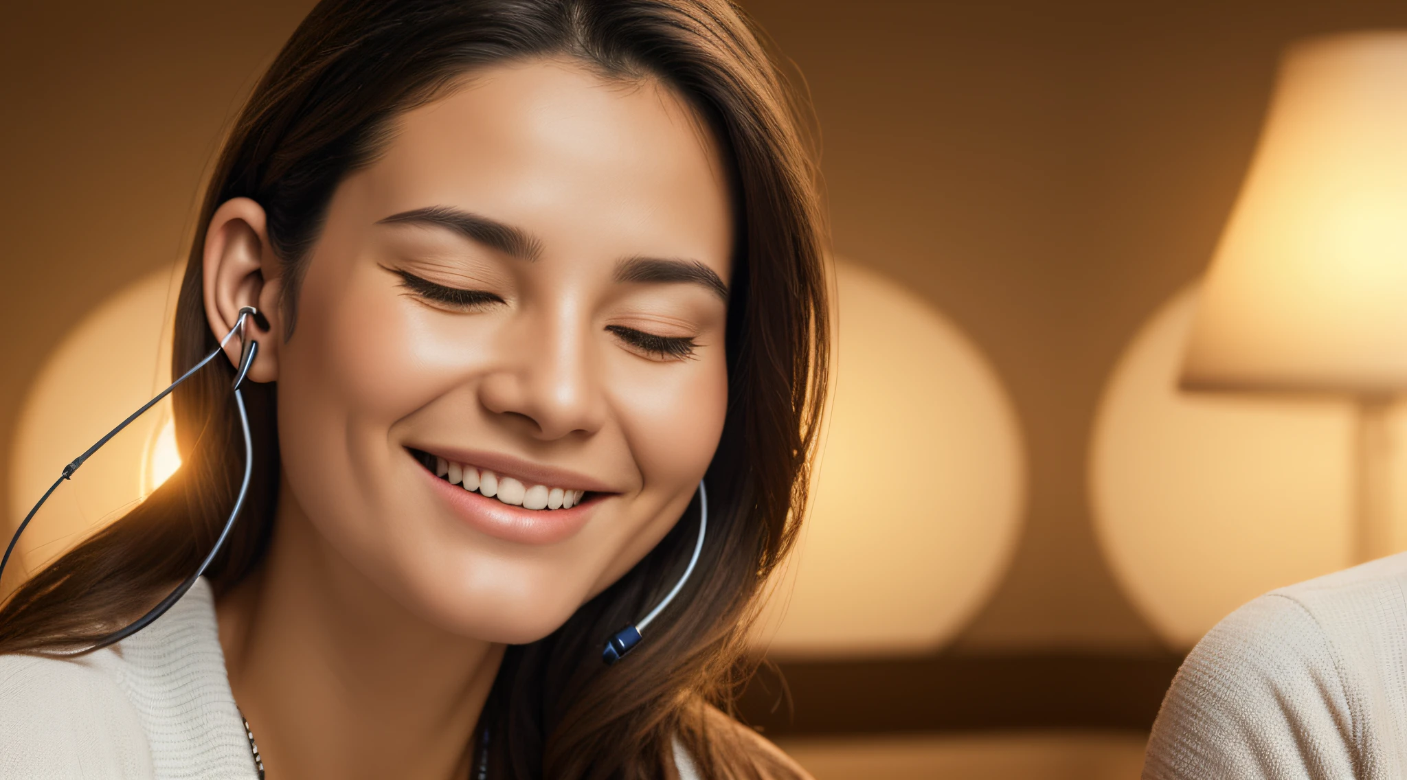frequency HEALING, SOUND healing, handsome WOMAN with earphones face eyes closed and smiling, 4K Resolution, photo realistic