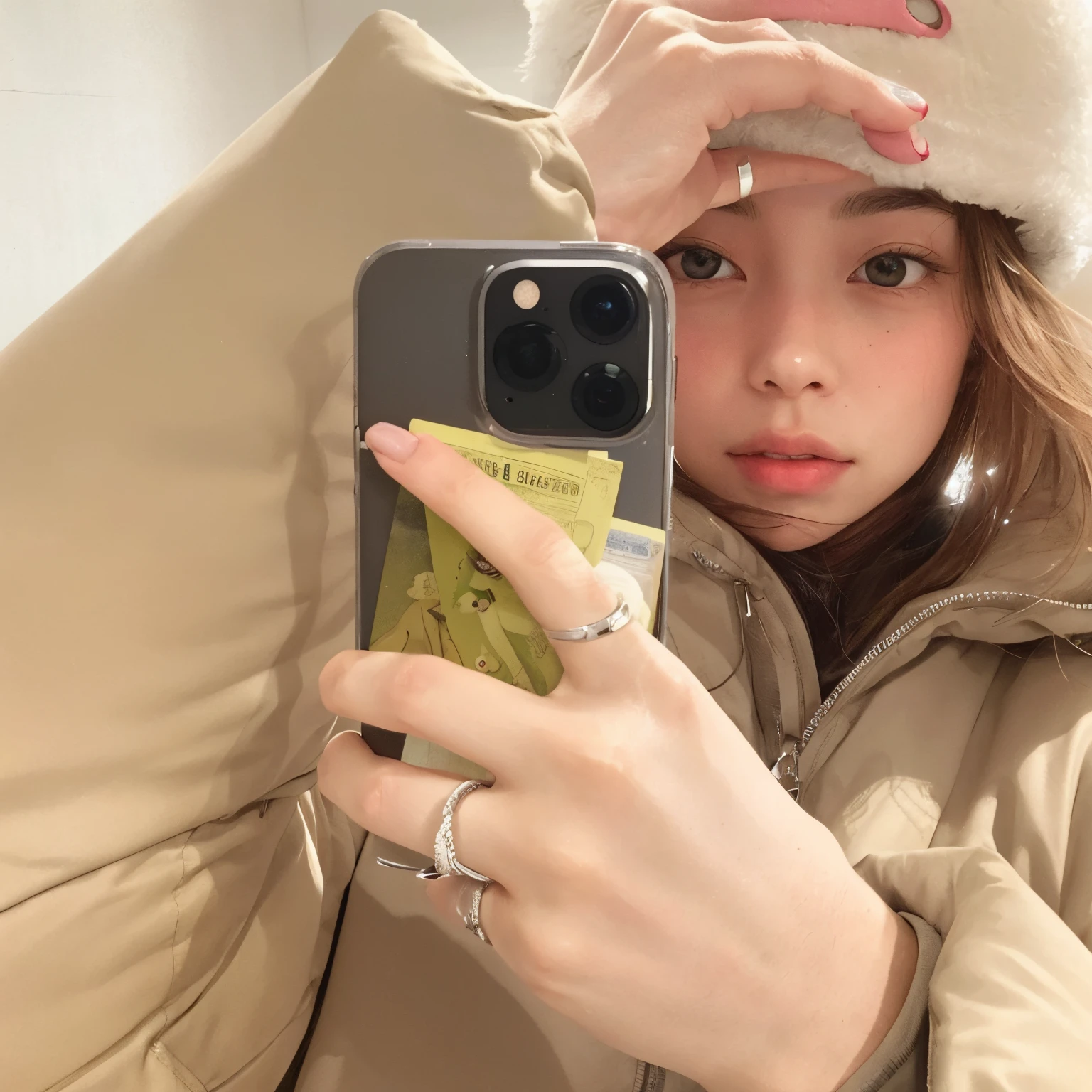 Woman taking a selfie with her cell phone while wearing a hat., iPhone selfie, selfie de una mujer joven, she is holding a smartphone, Blackpink Jennie, con Apple, 🐋 as 🐘 as 🤖 as 👽 as 🐳, Action shooting girl in parka, sydney sweeney, Billie Eilish, 🤬 🤮 💕 🎀, Estilo de cubierta de celda, iPhone en mano